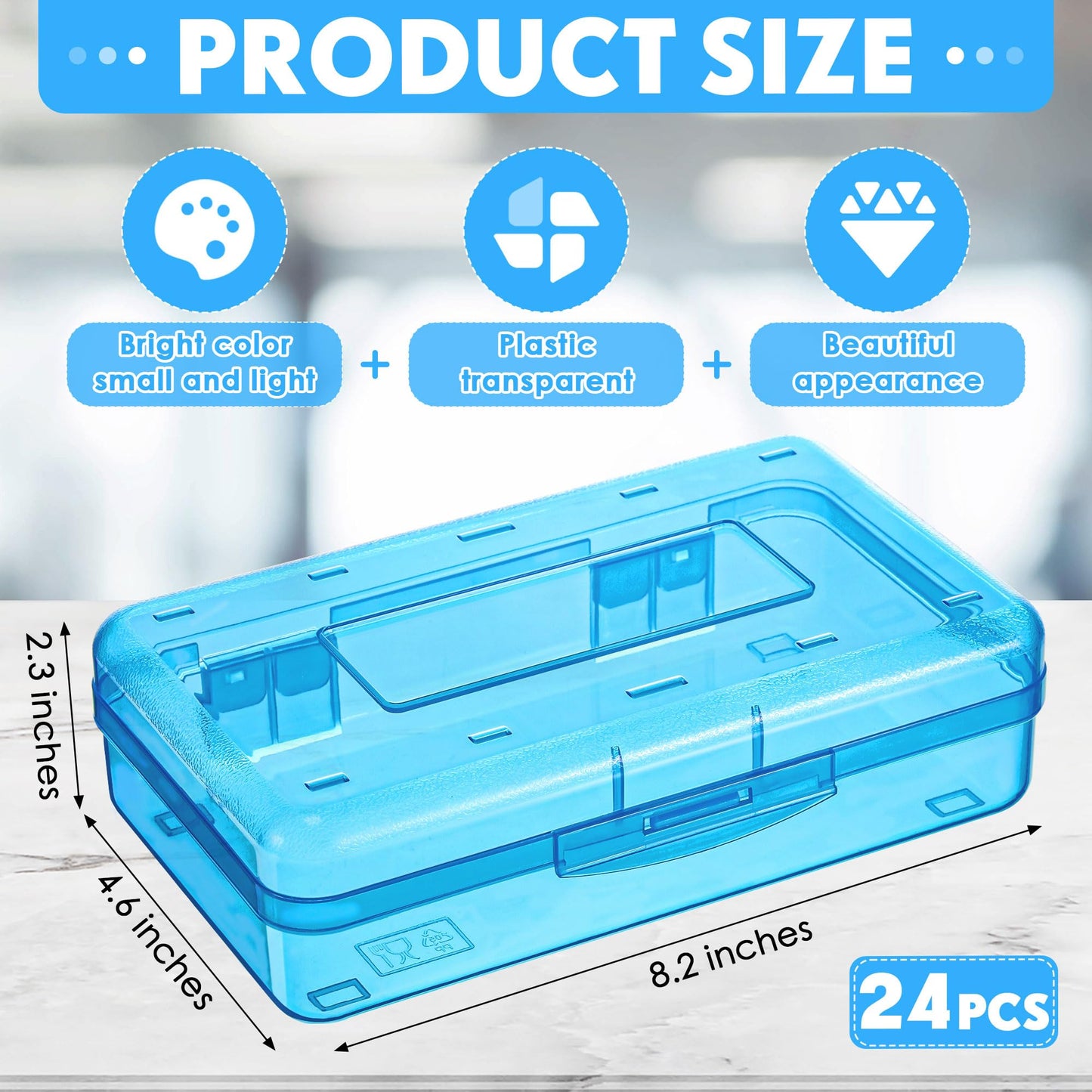 Fainne 24 Pack Pencil Boxes for School Clear Plastic Pencil Case Large Plastic Crayon Box Bulk Stackable Classroom Stationery Organizer School Supplies(Blue, Purple)
