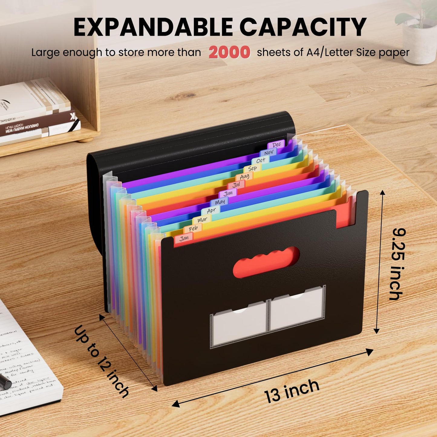 Sooez Accordion File Organizer, 13 Pockets Expanding File Folders, Portable Monthly Paper Bill Tax Receipt Organizer, Letter A4 Size Document Holder with Blank Labels