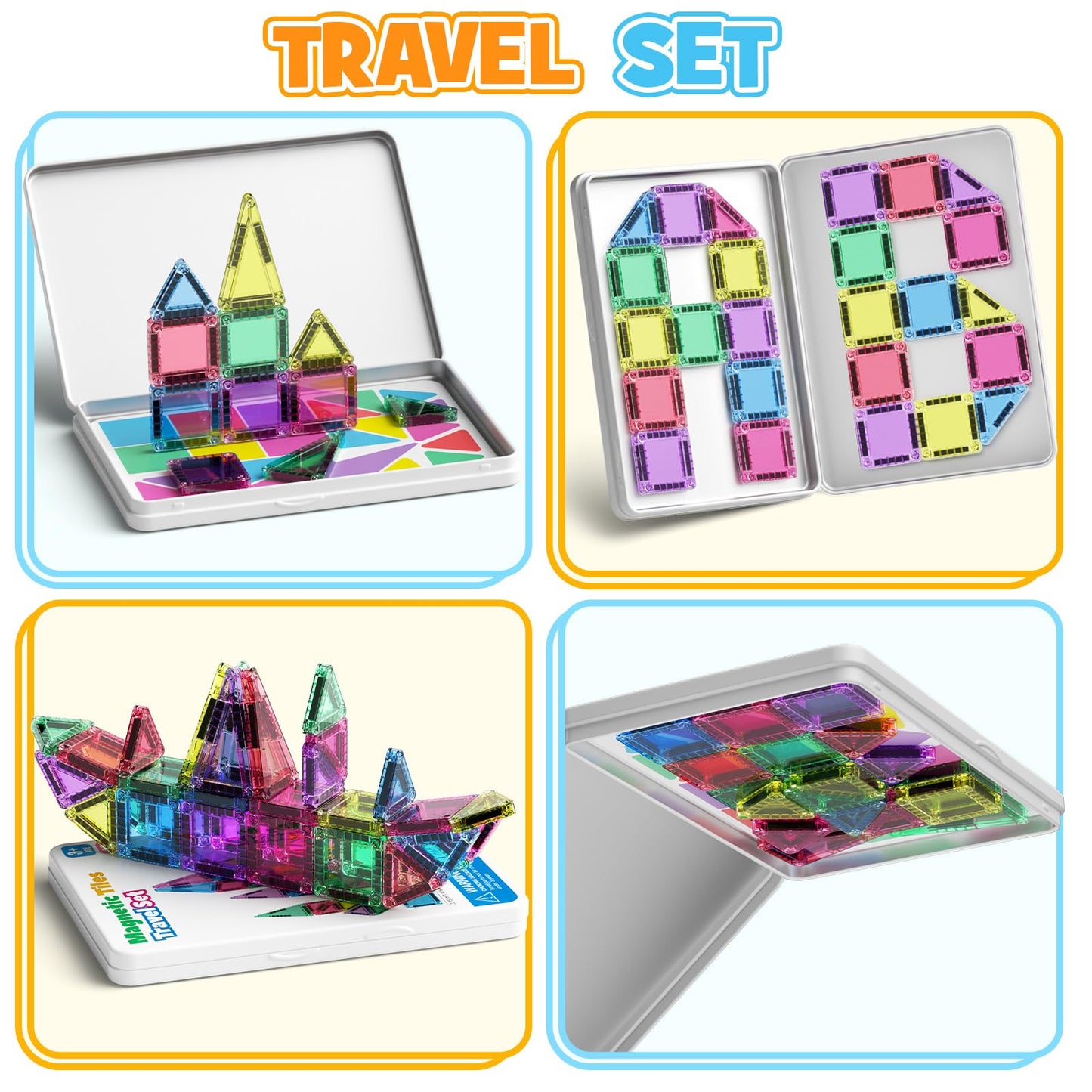 MEIQ 42PCS Mini Magnetic Tiles Travel Set with Iron Storage Box - Portable STEM Building Blocks for Kids 3-8, Montessori Educational Magnet Toys for Airplane, Car Rides & On-The-Go Play