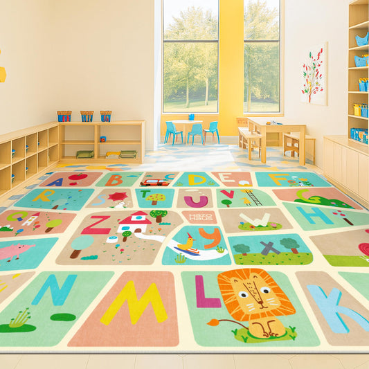 ABC Alphabet Rug for Preschool Kids Learning – 6x9 Baby Crawling Play Mat, Washable & Wipeable Floor Carpet, Soft & Non Skid Toddler Rug with Educational Letters and Whimsical Cartoon Art Decor