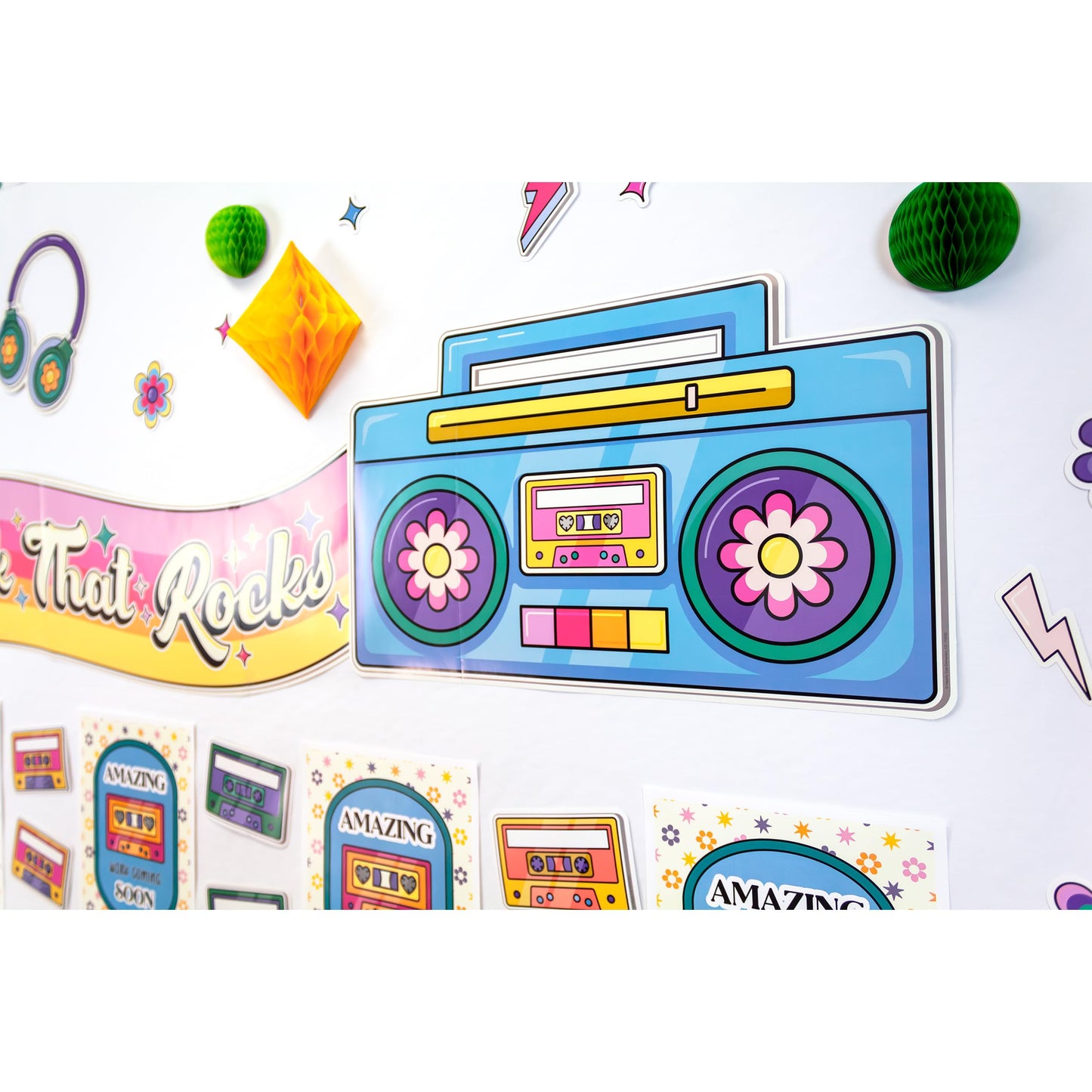Happily Ever Elementary Retro Remix 79-Piece Work That Rocks Motivational Bulletin Board Set, Boombox, Cassette Tapes, Headphone, Flowers and More Groovy Bulletin Board Decorations for Classroom Decor