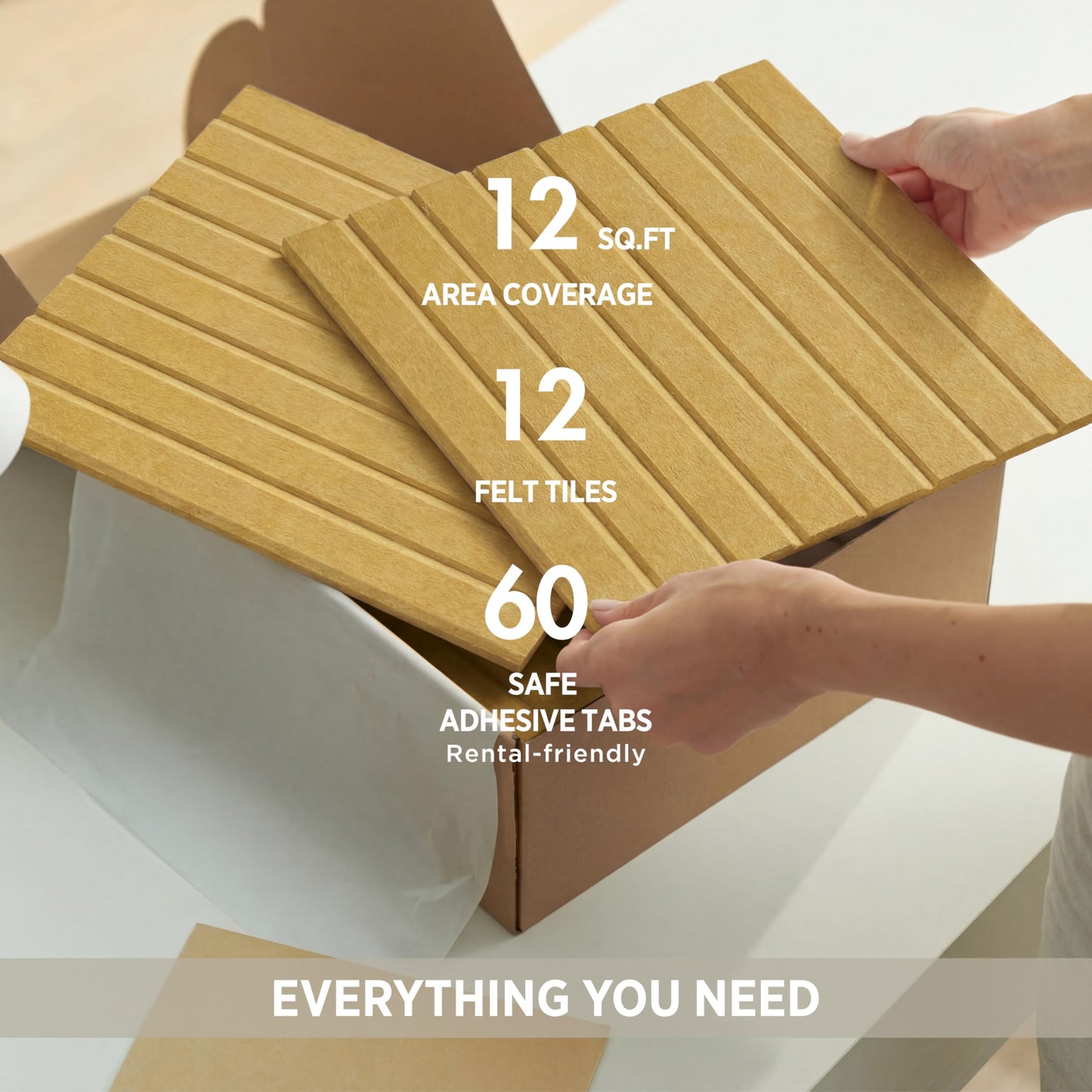 VIVELDA Felt Bulletin Board Tiles 48"x36" - 12-Pack Cork Board Alternative, Oeko-TEX Certified, NRC 0.95 Acoustic Wall Panels, Damage-Free Adhesive, Slatted Design, Home Office & Classroom (Mustard)