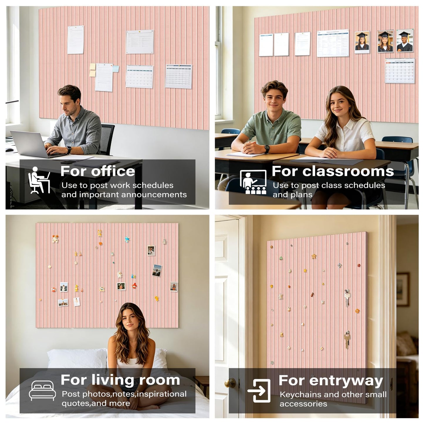 Large Felt Bulletin Board，47.2" x 35.4" 12 Pack Cork Board Alternative for Walls,Felt Wall Tiles for Office & Home Decor,Pin Board with 30 Pcs Pushpins and 72 Adhesive Tabs-Pink