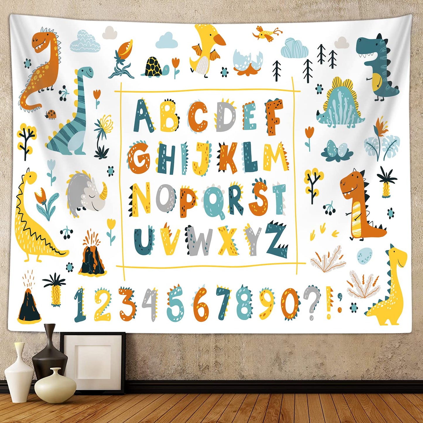 Alphabet Poster Tapestry for Kids Boys Girls Bedroom, ABC Learning for Toddlers Cute Dinosaur Art Educational Tapestries Wall Hanging Classroom Living Room Office Decor 60X40"