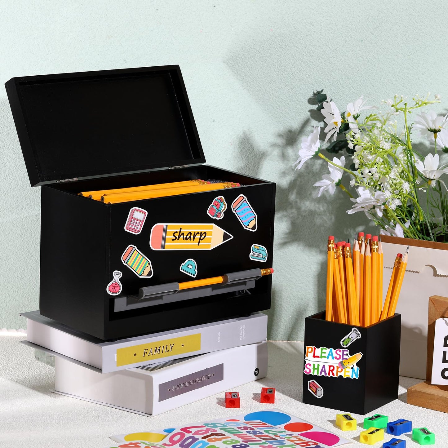 Watersay 108 Pcs Pencil Dispenser Kit for Classroom Wooden Sharp and Dull Pencil Holder 50 Pencils 50 Sharpener 6 Sticker Classroom Teacher Must Have Straw Dispenser for Back to School(Black)