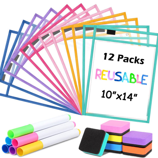 24 Pcs Dry Erase Pocket Reusable Sleeves 10" x 14" Clear Plastic Sheet Protectors with Markers and Mini Dry Erasers for Paper(Happy Day Color)