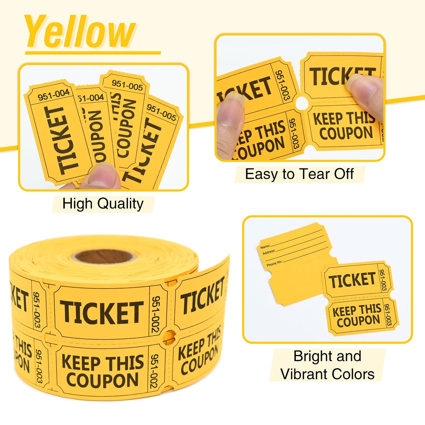 ESSENTIAL 2000 Raffle Tickets Double Roll, Raffle Tickets Roll with Name and Phone Number, for Raffle, Events, Classroom, Entry, Class Reward & Door Prize - Blue/Yellow/Red/Green