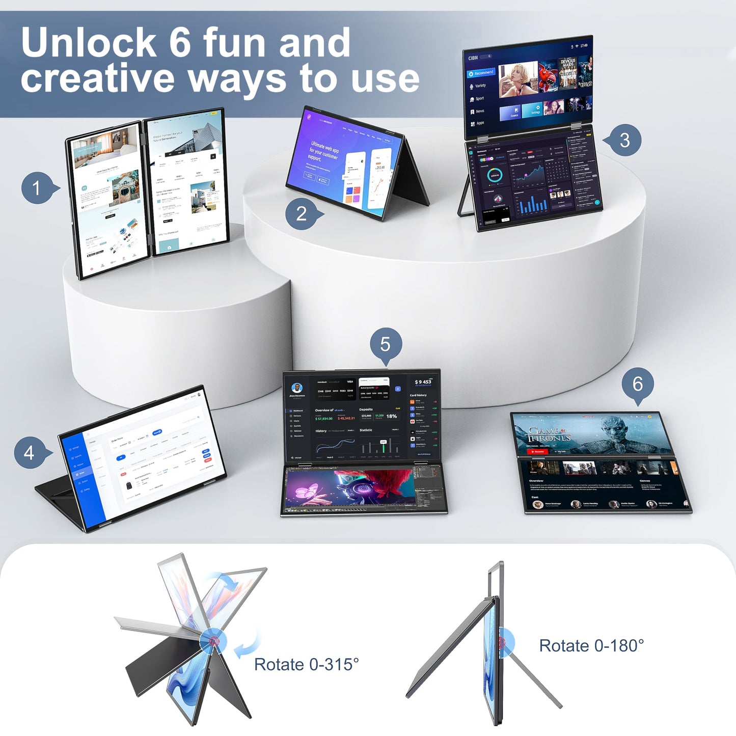 InnoView Dual Portable Monitor 15.6" 1920x1080 Dual Stacked Foldable Monitor | 315° Screen Adjustment | USB-C/HDMI Dual Screen Monitor for Laptop, Mac, Windows