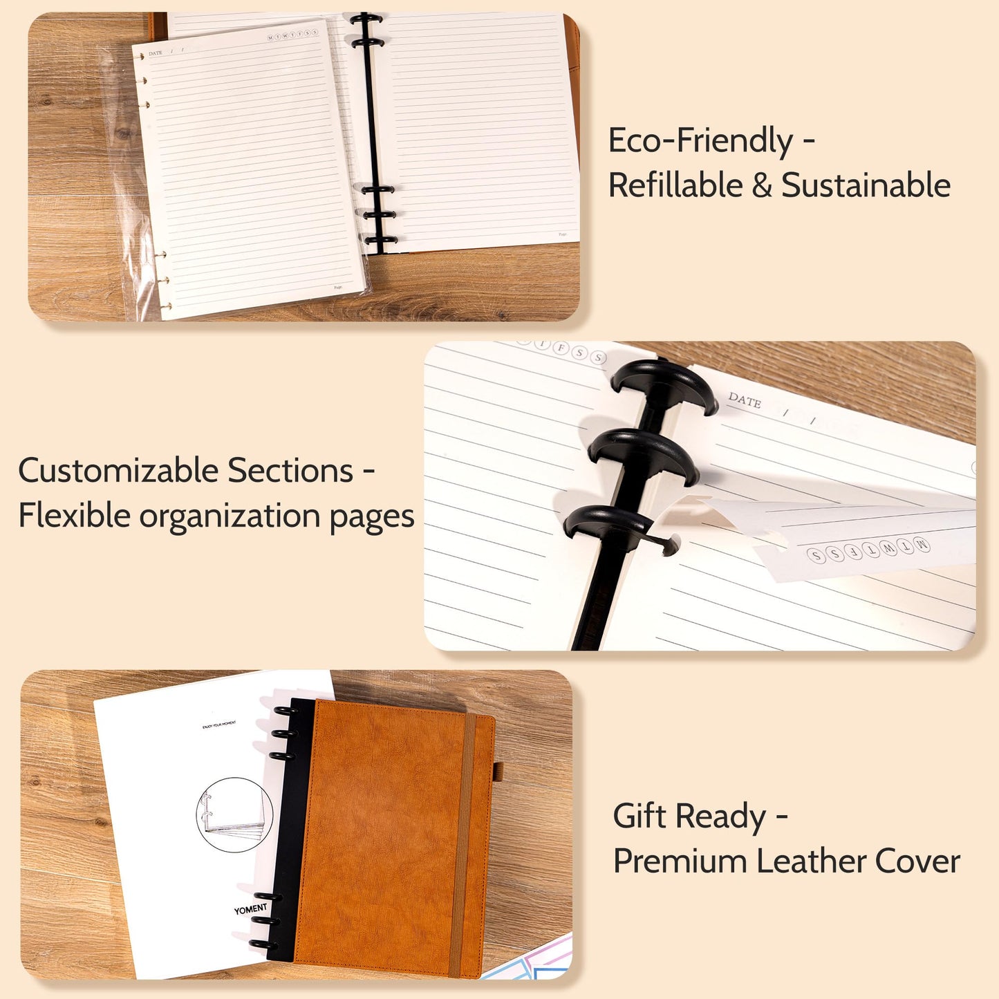 Yoment Refillable Notebooks for Work Discbound: Hardcover Notebook with 5 Subject Removable Dividers Tabs Colleged Ruled Large Journal for Writing Women Men 240 Pages,Brown