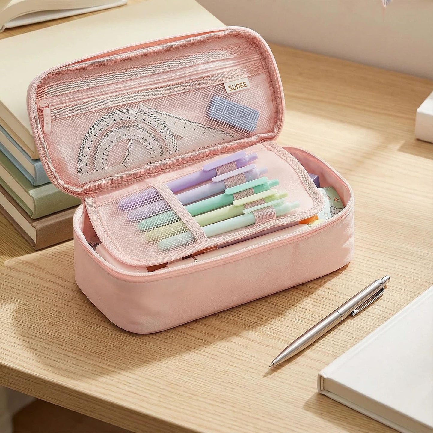 SUNEE Cute Pencil Case, Large Capacity Pencil Pouch, Big Storage Organizer for Stationery, Zipper Pen Bag,Back to School Supplies,Office Water-Repellent Nylon Pencil Bag for Teen Girls Boys,Light Pink