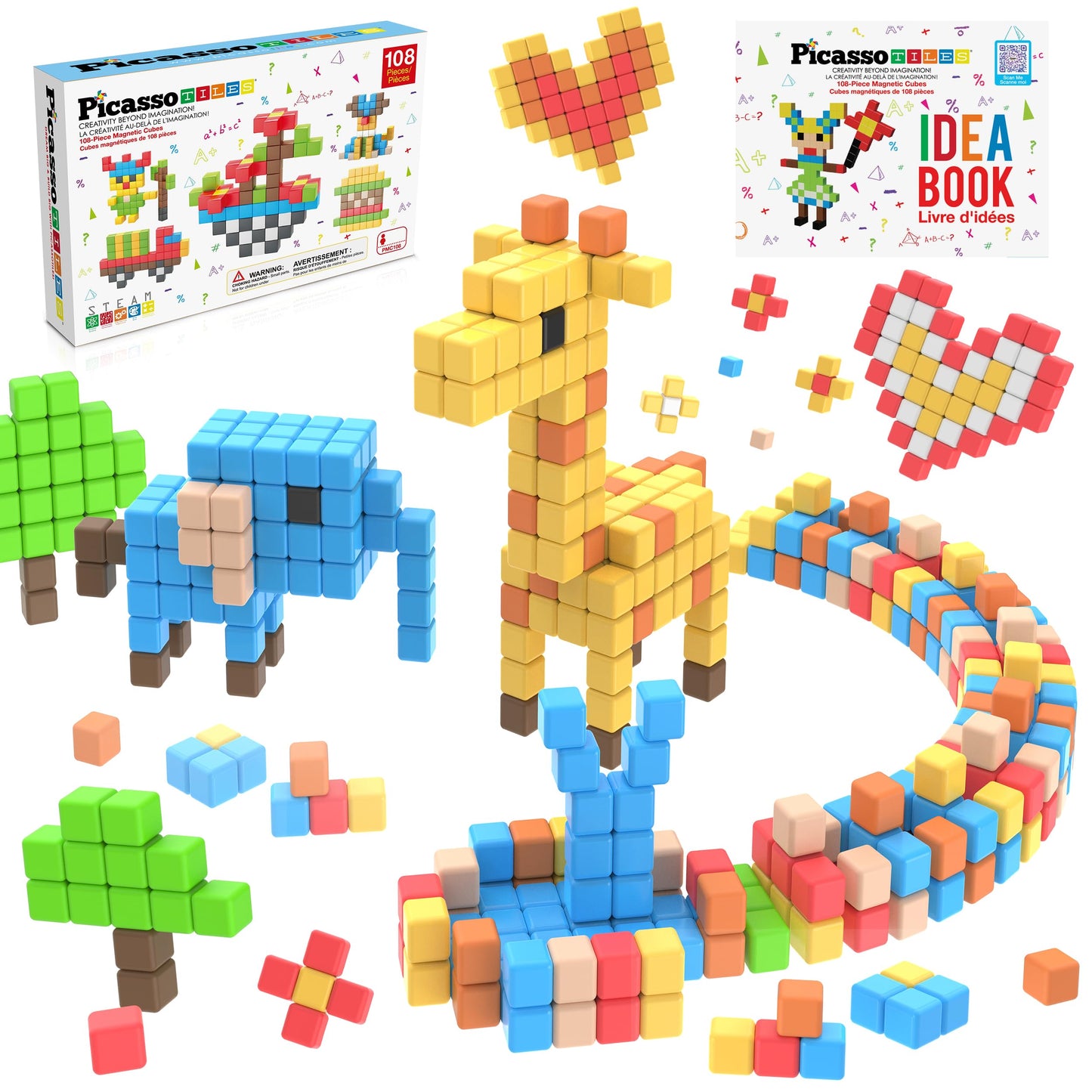 PicassoTiles 108pcs 1” Magnetic Puzzle Cubes Magnet Toys Preschool Construction Building Block Set Sensory Toy Early Education STEM Learning Come with Ideabook for Children Age 3+ Boy Girl PMC108