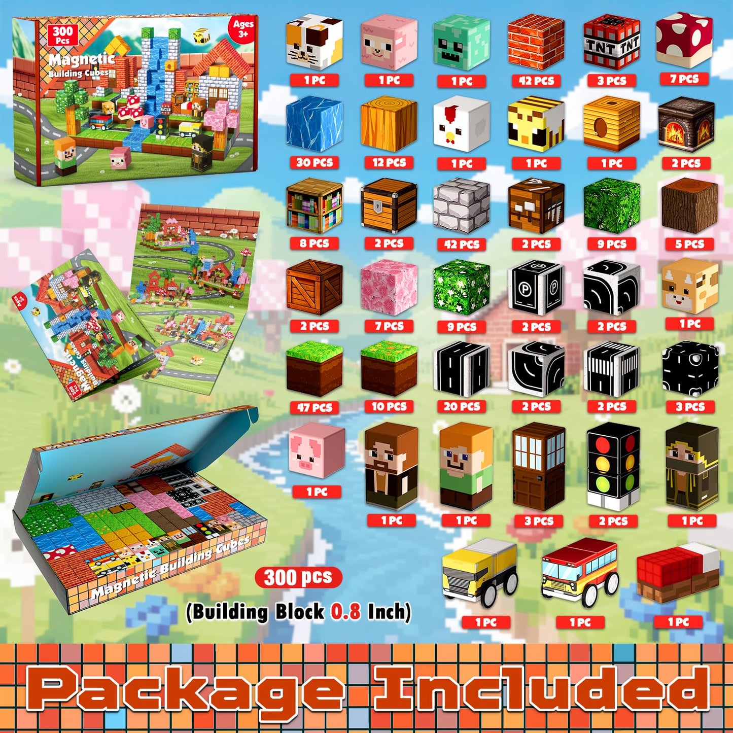 300 PCS Magnetic Blocks - Magnetic Building Block, Stacking Magnet Building Cubes for Kids, Magnetic Construction Toy for Boy Girl, STEM Montessori Sensory Toy Ages 3-12 Years Old Birthday Gift