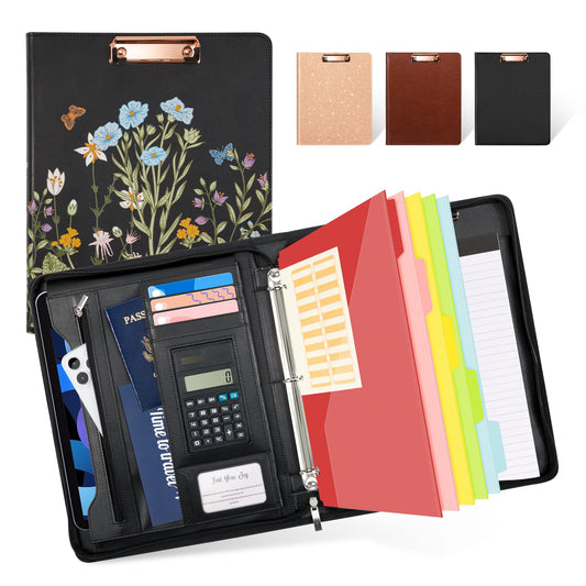 Ospelelf Leather Portfolio Folder with Zipper - 3 Ring Binder with Clipbard - Calculator, 12.1” Tablet Sleeve, 5 Dividers with 10 Pockets, Refillable Notepad, Card Holder (Bushes)