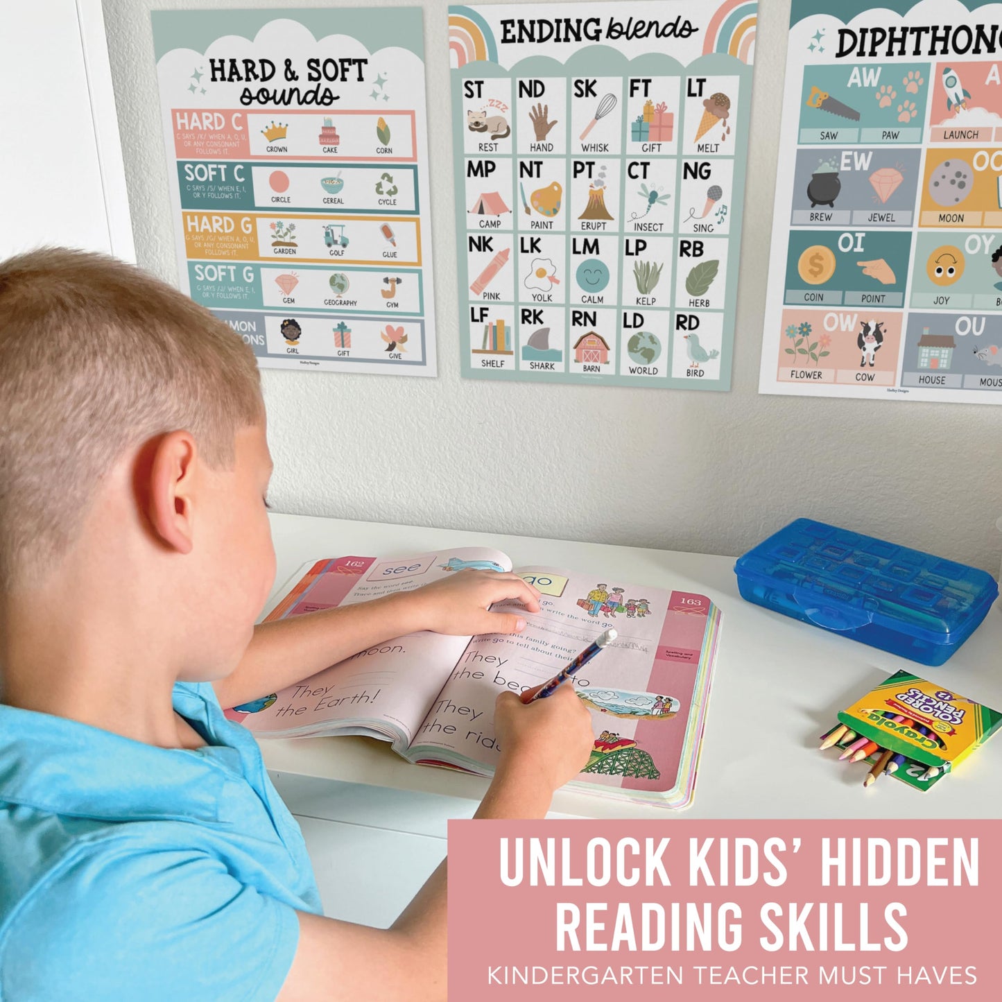 Hadley Designs Phonics Posters for Classroom Must Haves - 9 Sound Wall for Kindergarten & Elementary Teacher Supplies, Syllable, Vowels, Digraphs & Blends Bulletin Board Set, Boho Classrom Decor