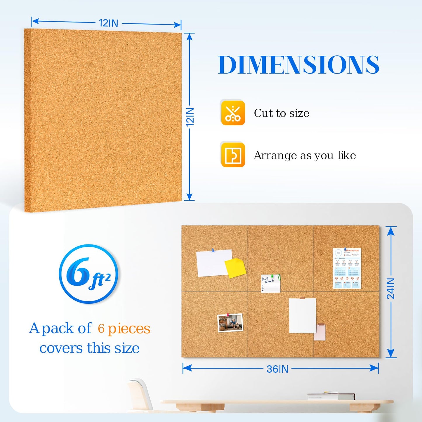 DOLLAR BOSS Cork Board Tiles, 6 Packs 12" x 12" 1/2" Thick Cork Bulletin Board Self Adhesive Corkboards for Walls with 60 Pushpins for Home Office Kitchen School Decor Display