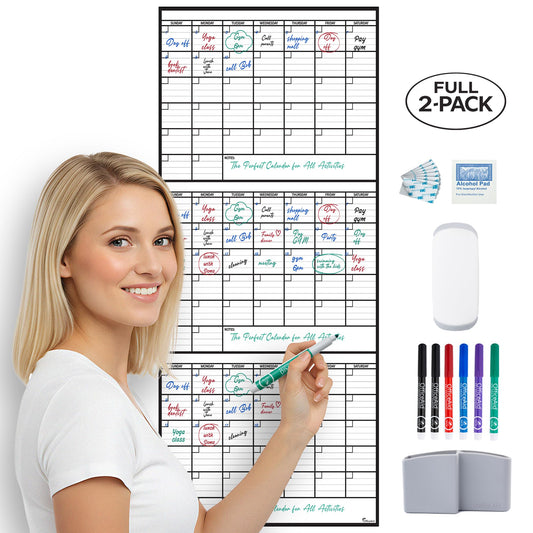 (2 PK) 3 Month Dry Erase Calendar for Wall 40x17, Family Office Large Reusable Big, Monthly Giant Dry Erase Planner, Rolled Whiteboard White Board, Classroom Calendar for Undated Wall Erasable
