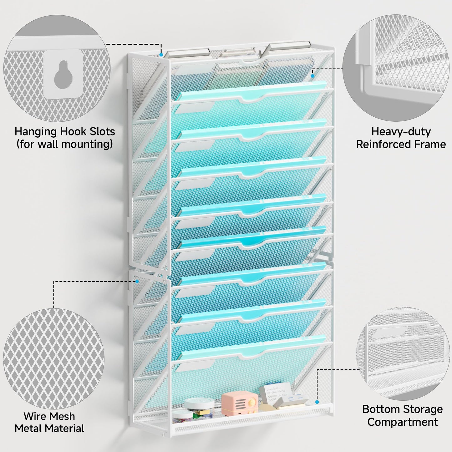 Lavatino 10-Tier Hanging Wall File Folders Organizer - White Metal Mesh Paper Magazine Document Mail Holder File Organizer for Office School Home Wall Mount or Desk Supplies Organization