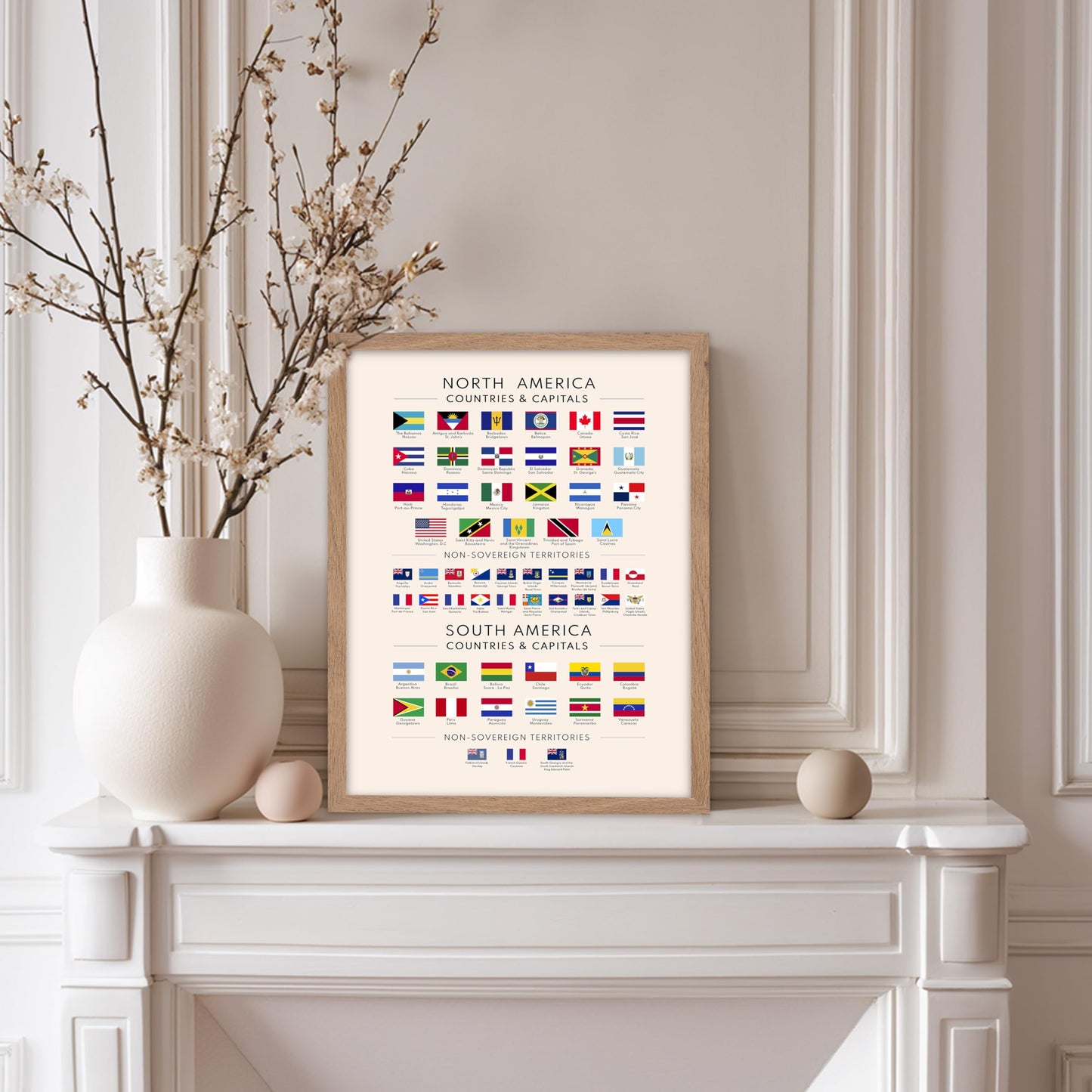 Poster Master Flags of the Americas Poster - North & South American Countries & Capitals Print - Educational Art - Gift for Student & Teacher - Decor for Classroom or Library, 11x14 Beige Framed