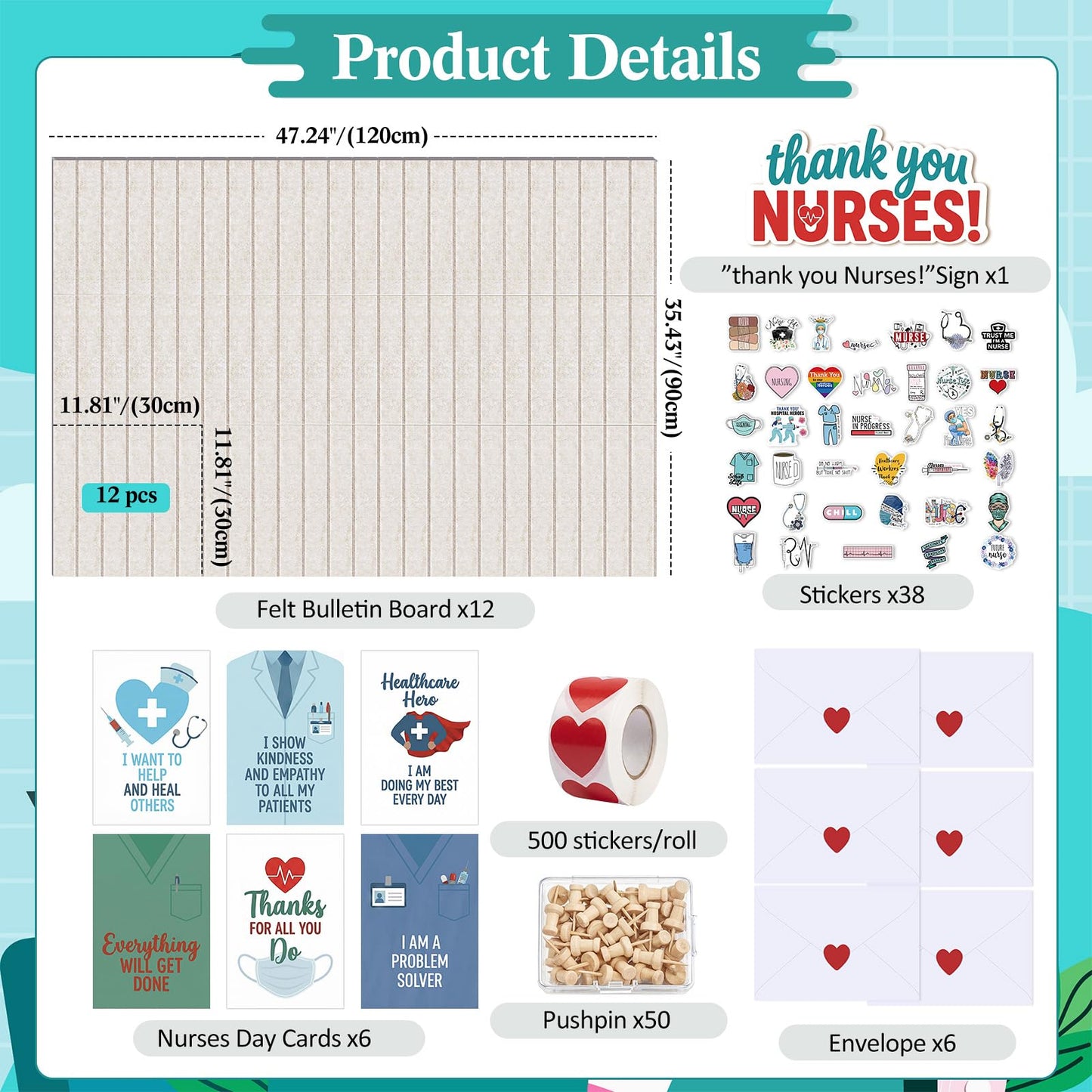 Nuanchu Nurse Week Decorations Kit for Hospital & Graduation 612 PCS Appreciation Felt Bulletin Board, Nurse Thank You Cards, Stickers & Pushpins Party & Appreciation Wall Display, 47.2" x 35.4"