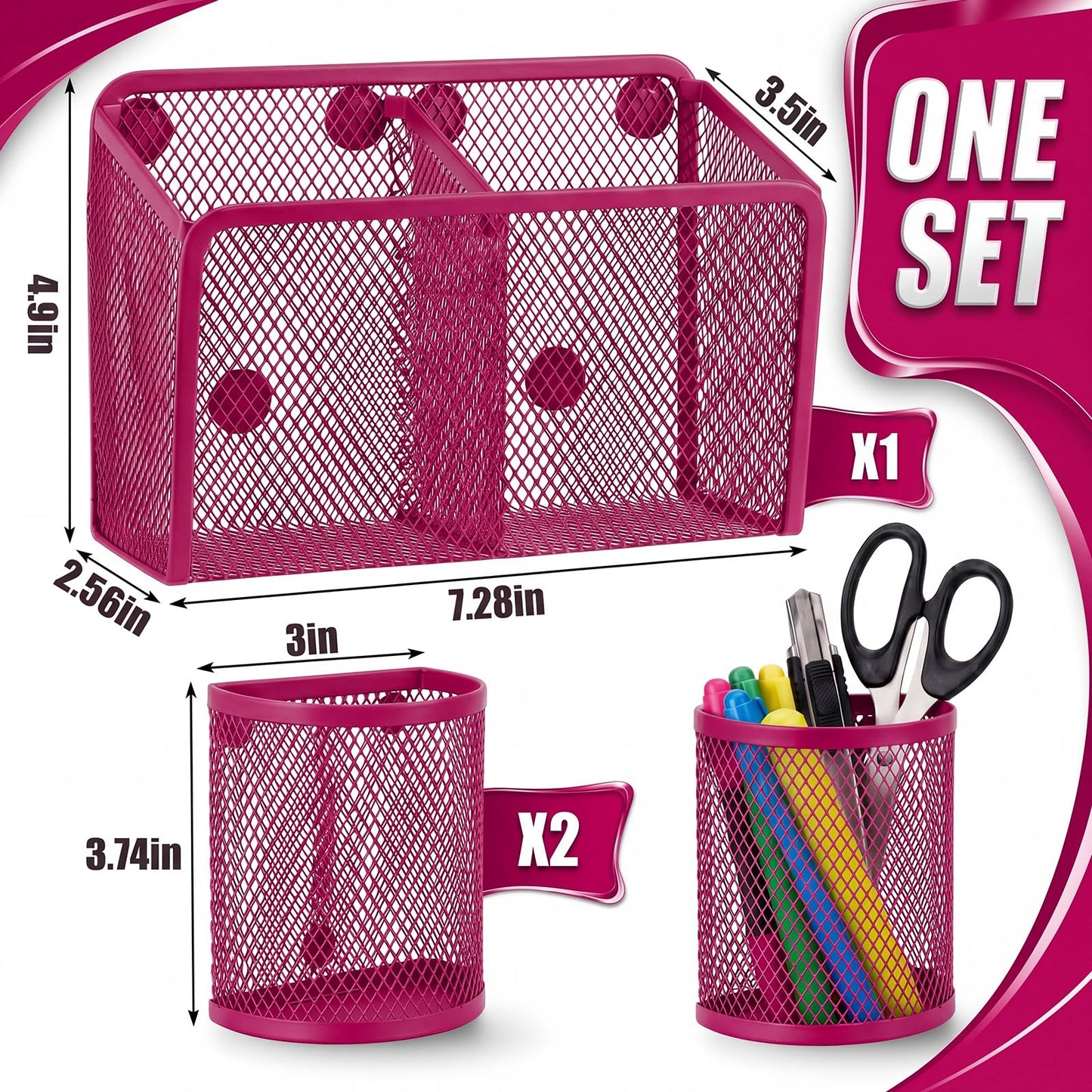 Marspark 3 Pcs Magnetic Pen Holder Set Metal Pencil Holder with Strong Magnets Wire Mesh Storage Basket Organizer for Locker Accessories Whiteboard Refrigerator School Office Dorm(Pink)