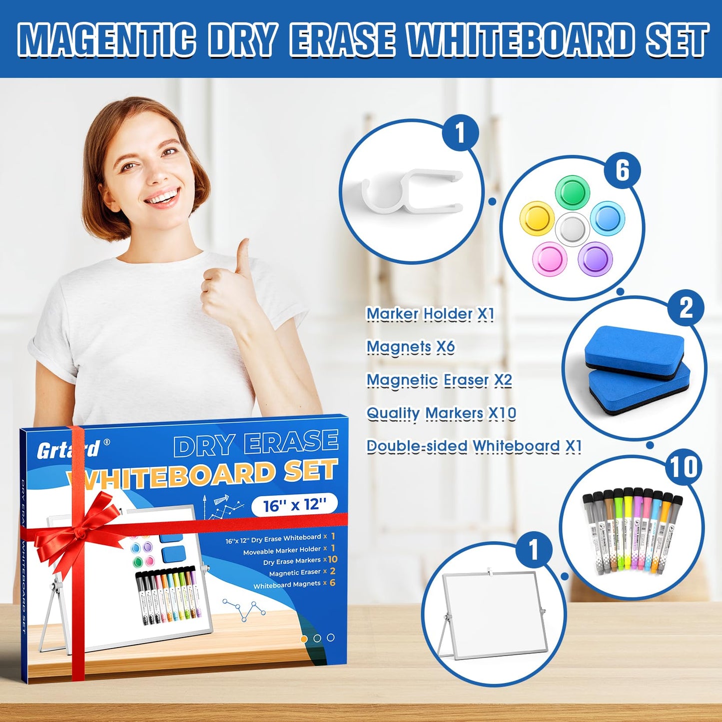 Grtard Dry Erase Magnetic White Board, 16''x12'' Double-Sided Desktop Whiteboard with Stand, Portable Small Whiteboard Set, Dry Erase Board for to-Do Lists, Planning & Office, Home
