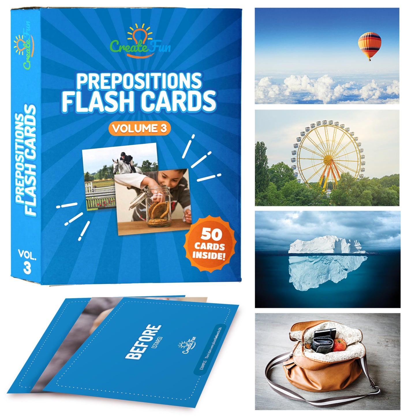 50 Preposition Flash Cards Vol 3 Vocabulary Development Includes 7 Picture Card Prepositions & 5 Sequencing Learning Games for Kids, Parents, Teachers, ESL, Speech Therapy, Autism, ABA and Homeschool