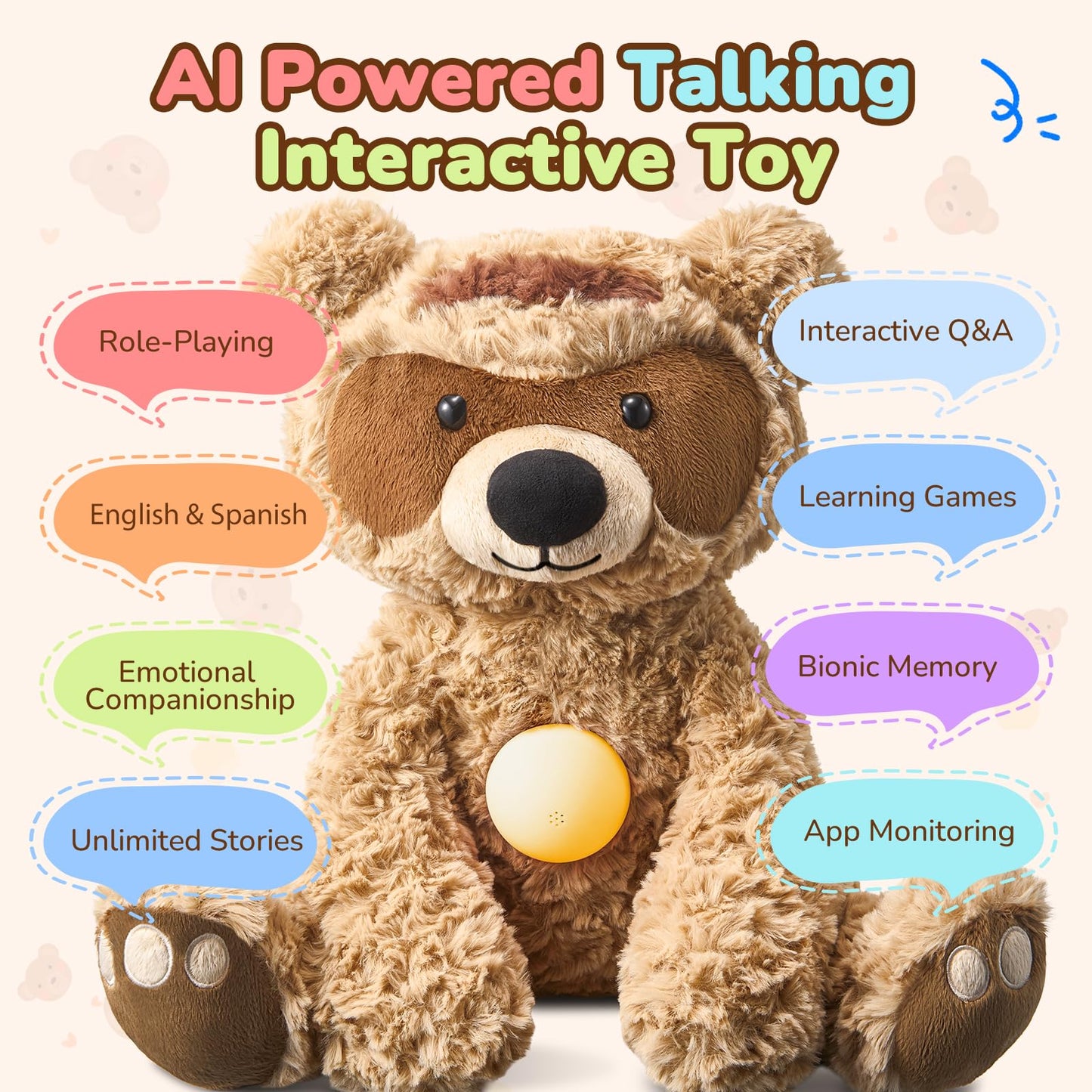 AI Talking Interactive Plush Toy Figure, ChatGPT Smart Storytelling Singing Teddy Bear Gift AI Stuffed Animals English Spanish, Educational Emotional Companion, Real-Time Voice AI Toys for Kids Age 3+