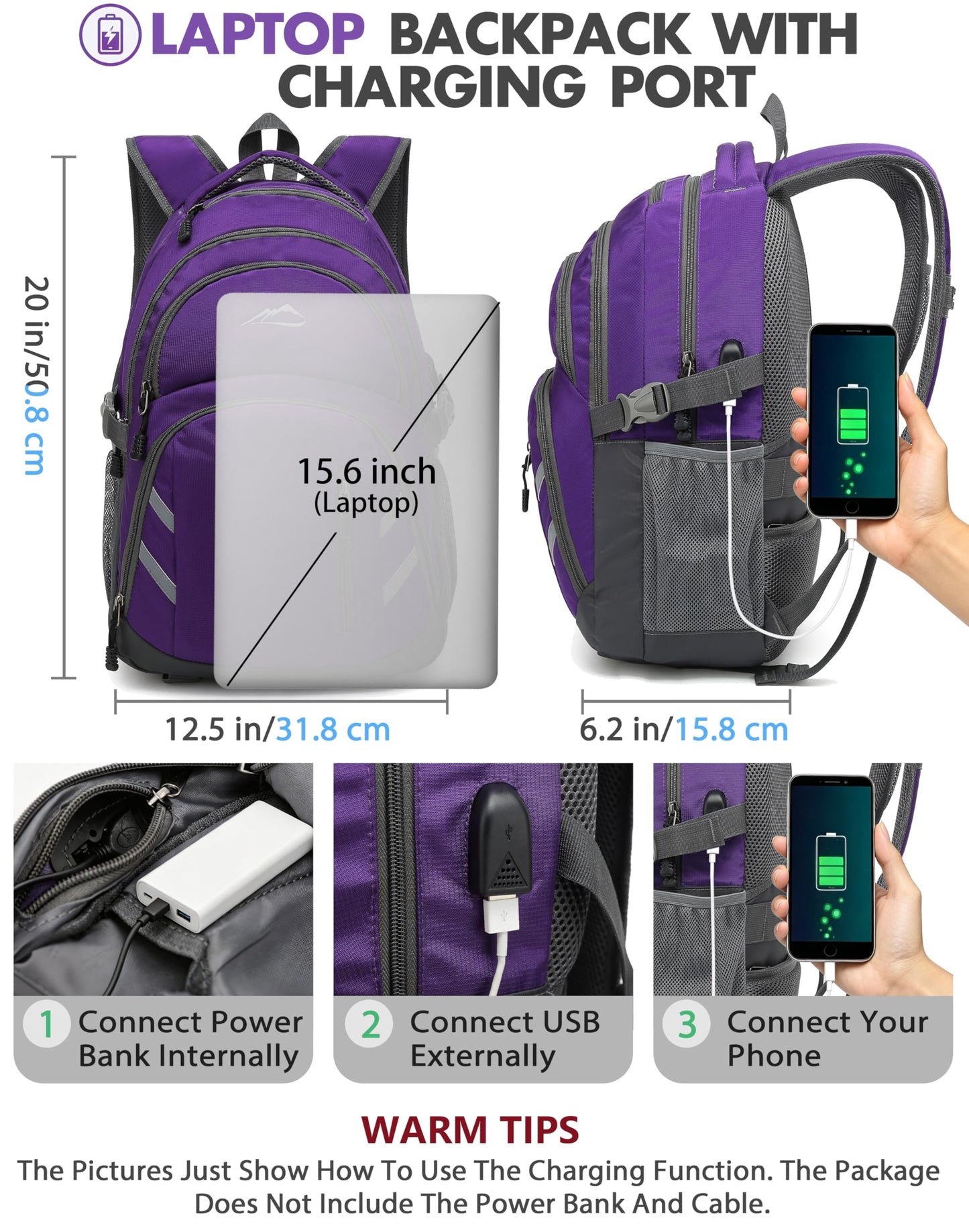 ProEtrade Backpack Bookbag for College Laptop Travel, Fit Laptop Up to 15.6 inch with USB Charging Port Multi Compartment Anti theft, Gift for Women Men (Purple)