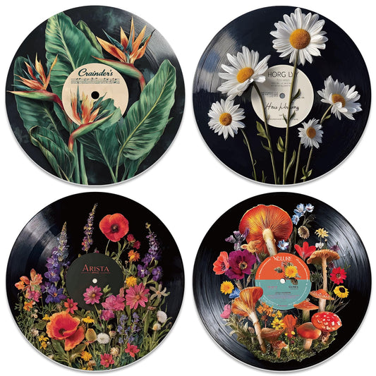 DOODLREAM 4PCS Botanical Vinyl Record Wall Decor 12" Hippy Plant Leaf Wall Art Posters for Room Aesthetic, Mushroom Daisy Flower Retro Record Decor for Music Party Studio Living Room DIY Craft Project
