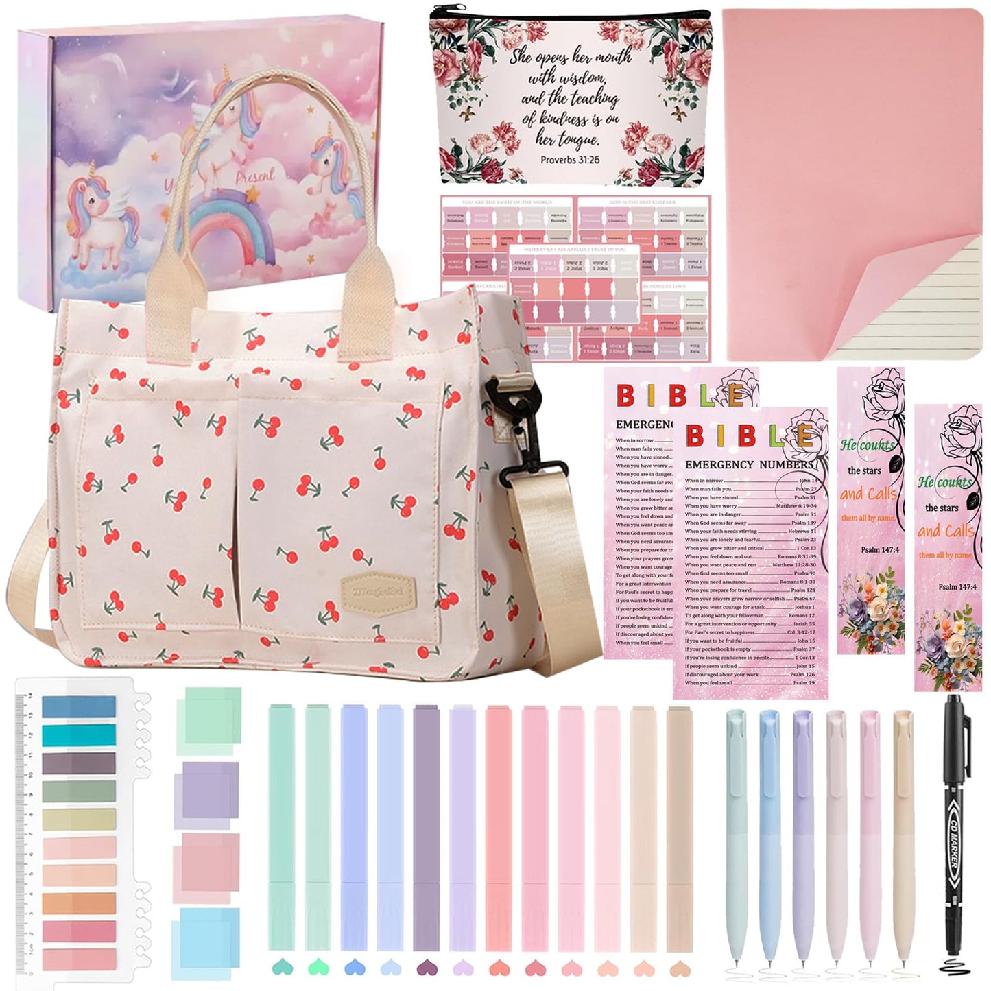 Cdnixwm Pink Bible Study Journaling Kit with Bag for Women, Annotation Kit with Highlighters and Pens, Pencil Case, Emergency Numbers, Notebook and More, Christian Gifts for Bible Study (White-L)