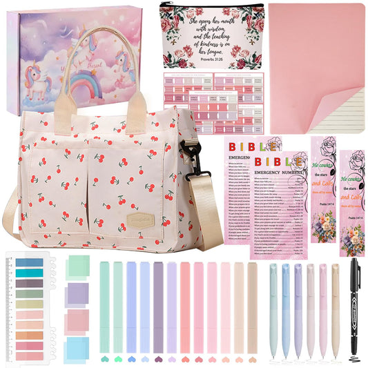 Cdnixwm Pink Bible Study Journaling Kit with Bag for Women, Annotation Kit with Highlighters and Pens, Pencil Case, Emergency Numbers, Notebook and More, Christian Gifts for Bible Study (White-L)