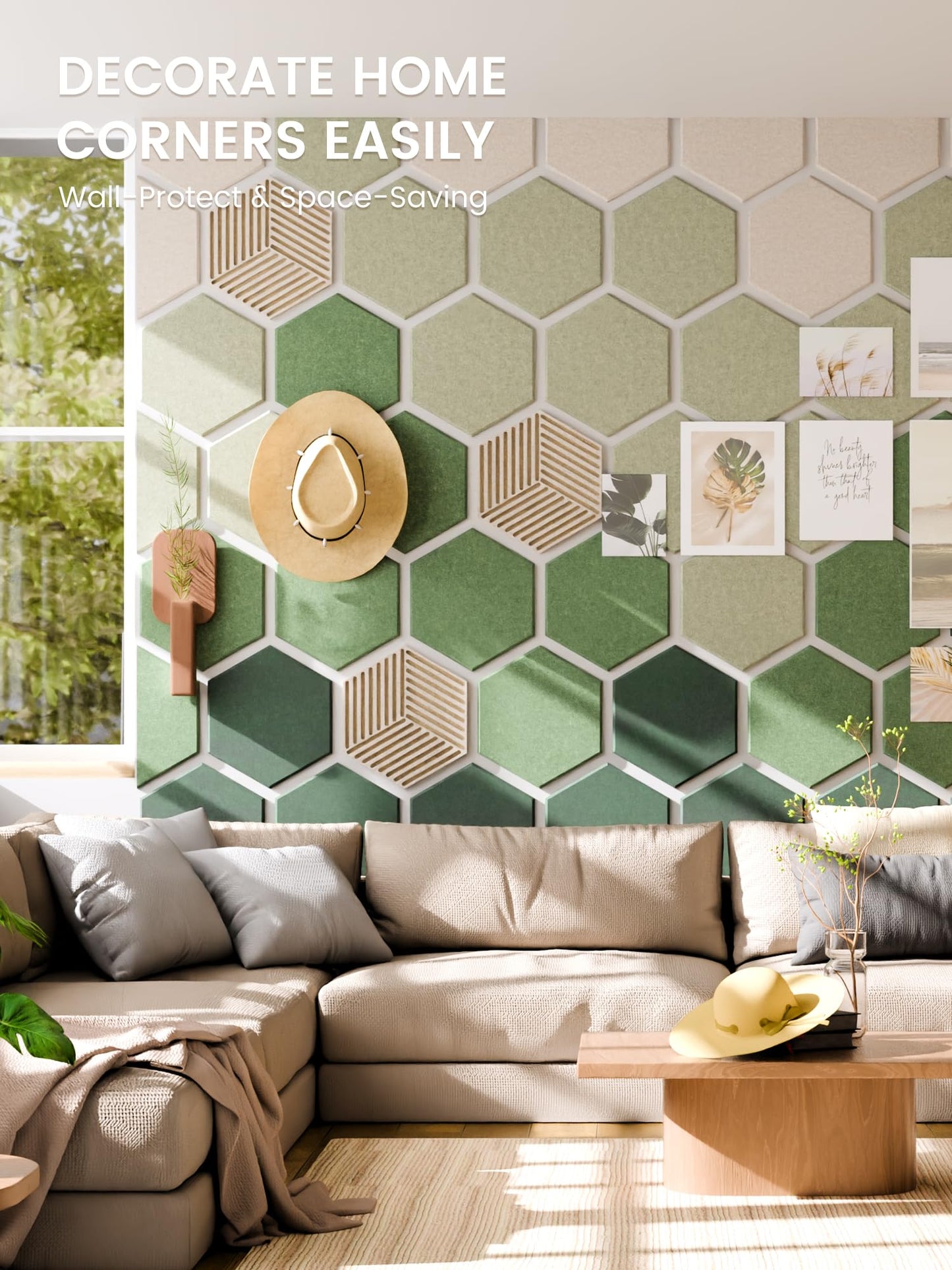 Fluxynara Hexagon Cork Board Alternative for Walls Decor-10-Pack Felt Bulletin Board Tiles,with 30 Pushpins,50 Adhesive Tabs for Office,Classrooms & Home Pin Board Felt Board-Sagewood