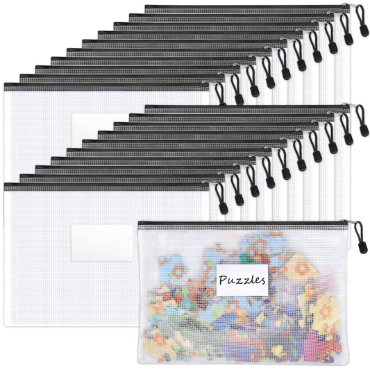 Sooez 20 Pack Mesh Zipper Pouch Bags, A4 Letter Size Zipper Bag with Label Pocket, Waterproof Bag for Classroom Organizer, School Office Supplies, Storage Pouches for Board Game Toy Storage, Black