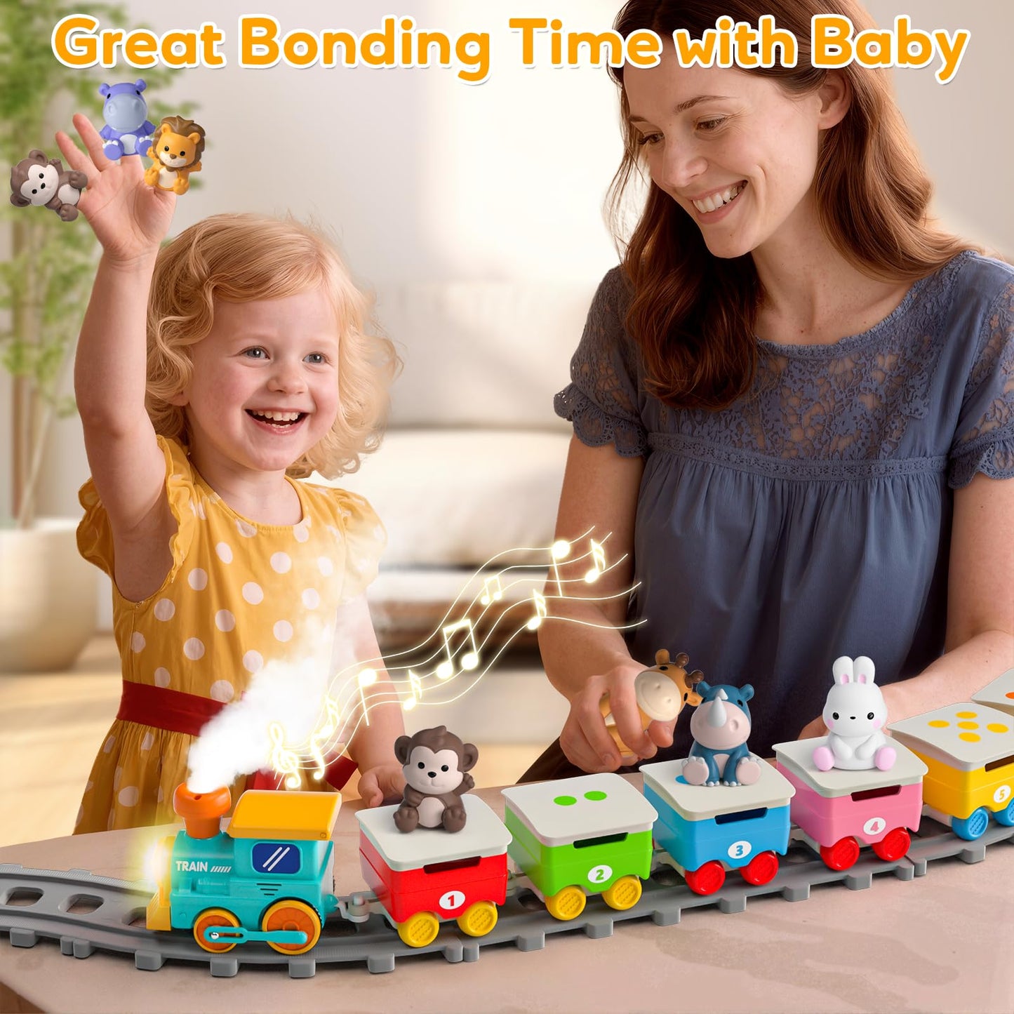 Toddler Toys for 1 2 3 Year Old, Electric Zoo Animal Train Set with Music, Lights & Steam, Montessori Counting, Matching & Sorting Learning Toys, Christmas Birthday Gifts for Baby Boys Girls 18 M+