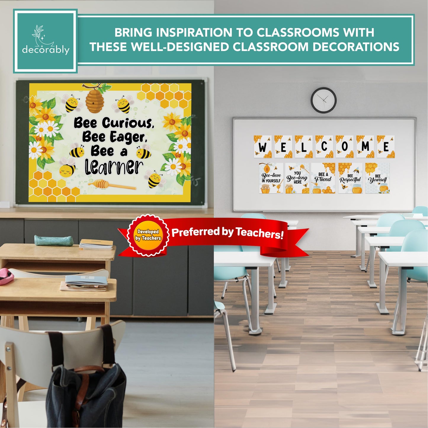 Decorably Bee-Themed Welcome Posters and Bulletin Board Decorations Set for Classroom