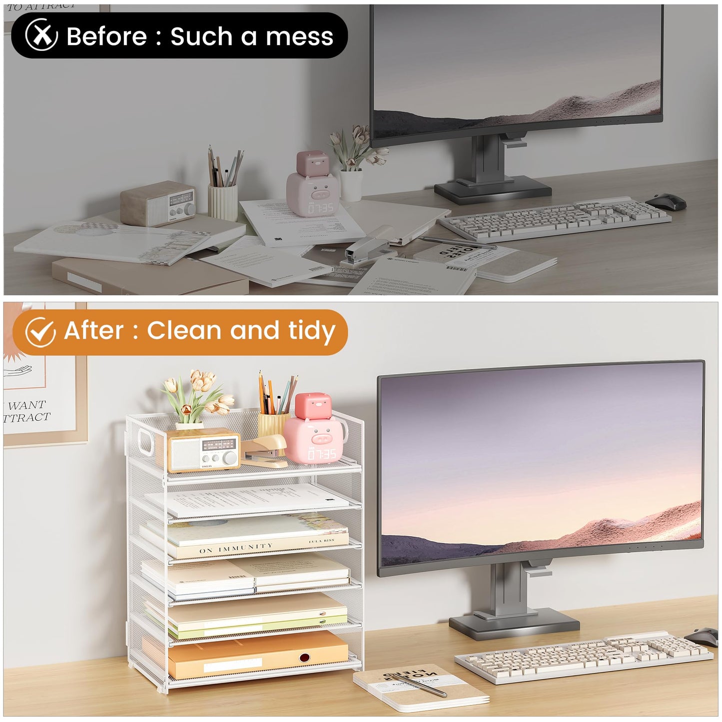 Subekyu 6-Tier Desk Paper Organizer, Desktop File Letter Tray with Handle, Document Sorter and Accessories Holder for Office, Home and School Workspace Organizers, White - 2 Pack