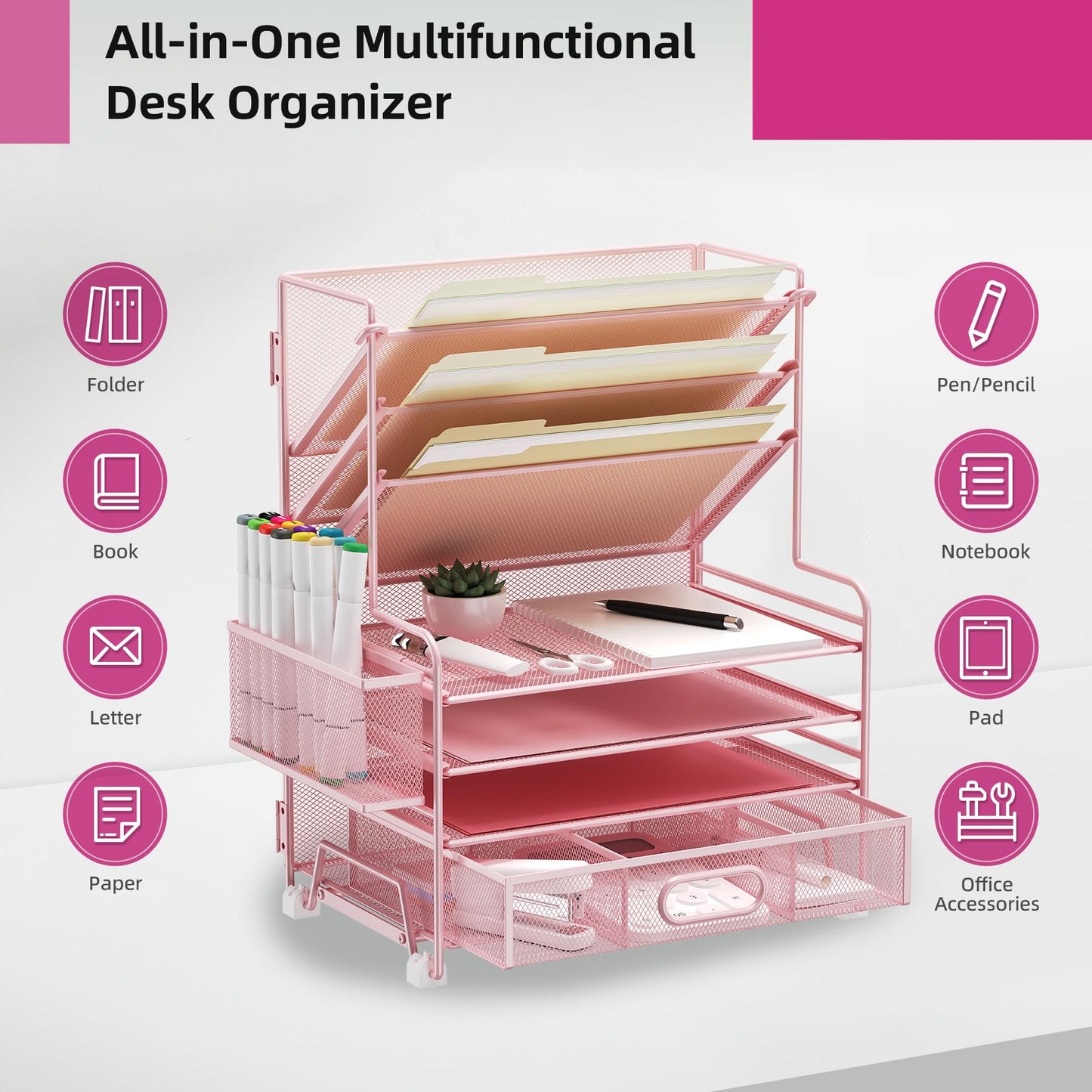 MINDEPOT 4-Tier Paper Organizer + 3-Pocket File Holder + Drawer + Pen Holders, Desktop File Organizers Paper Tray for Office Supplies School Classroom Organization (Pink, with Drawer & Pen Holder)