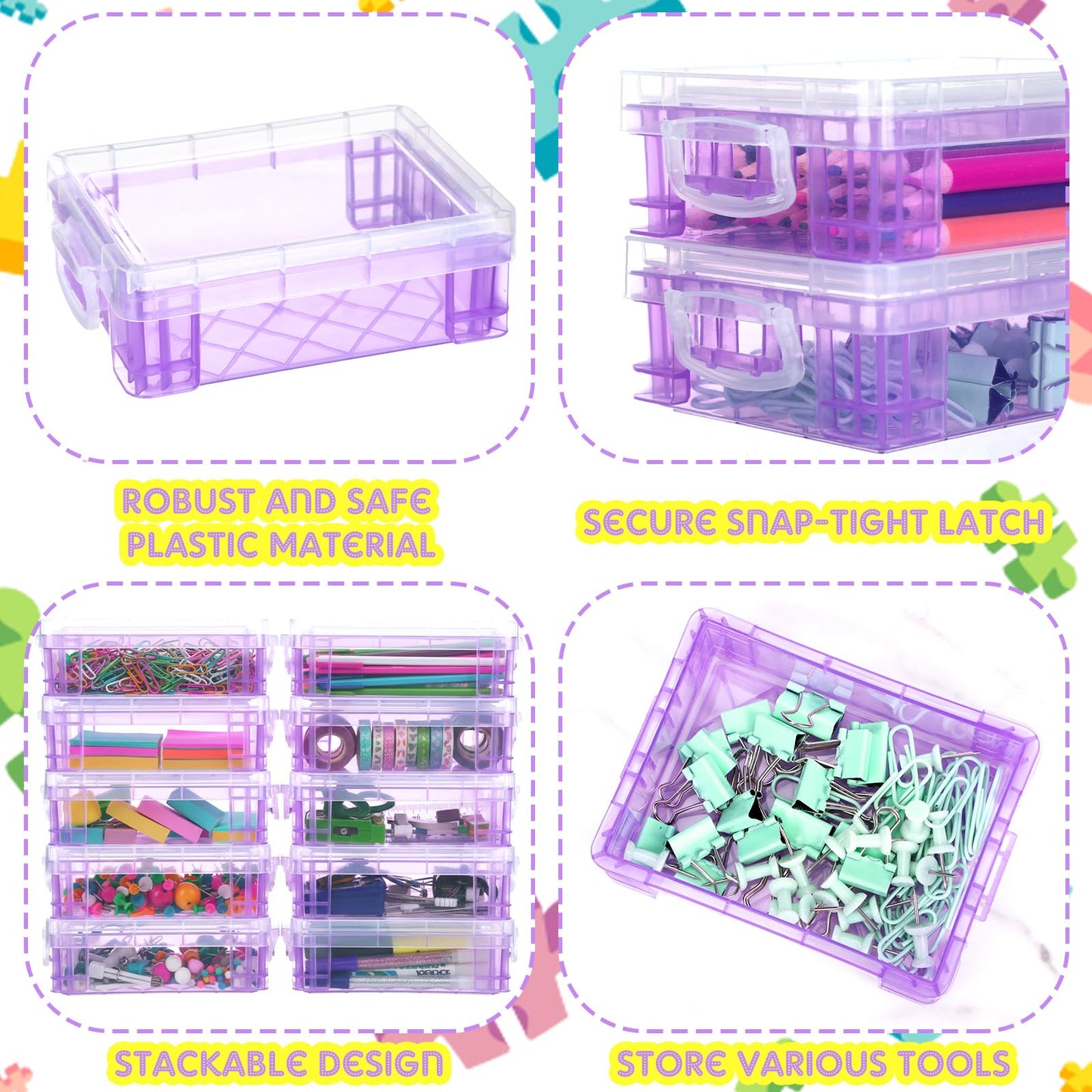 Suzile 25 Pcs Plastic Crayon Boxes with Snap Lids Crayon Storage Organizer Stackable Container Bulk Pencil Case for Pen Crafts Classroom Supplies(Purple)