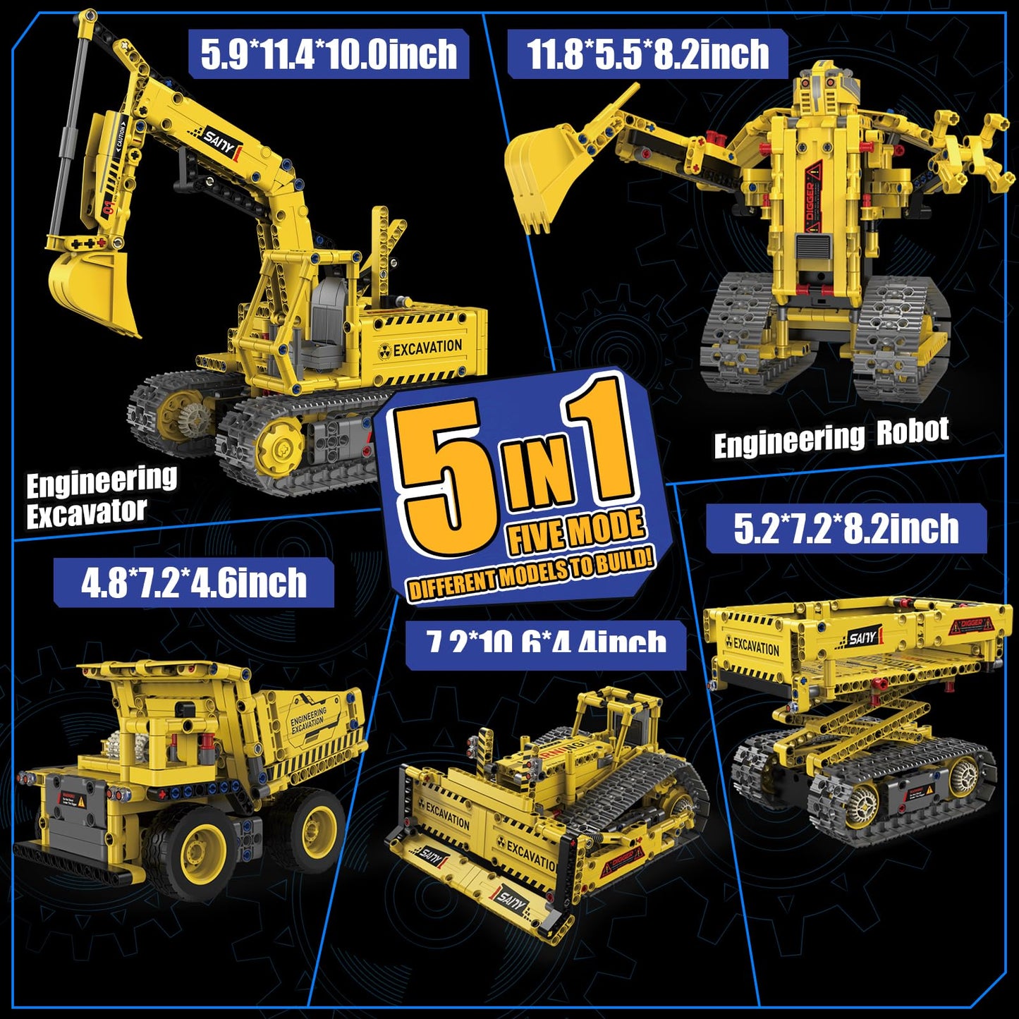 Ansnibe 5-in-1 STEM Building Toys, Remote Control Excavator Robotics Kit, 555 PCS DIY Engineering Construction Set, Educational Science Building Blocks Gift for Kids Boys Girls Ages 6-16