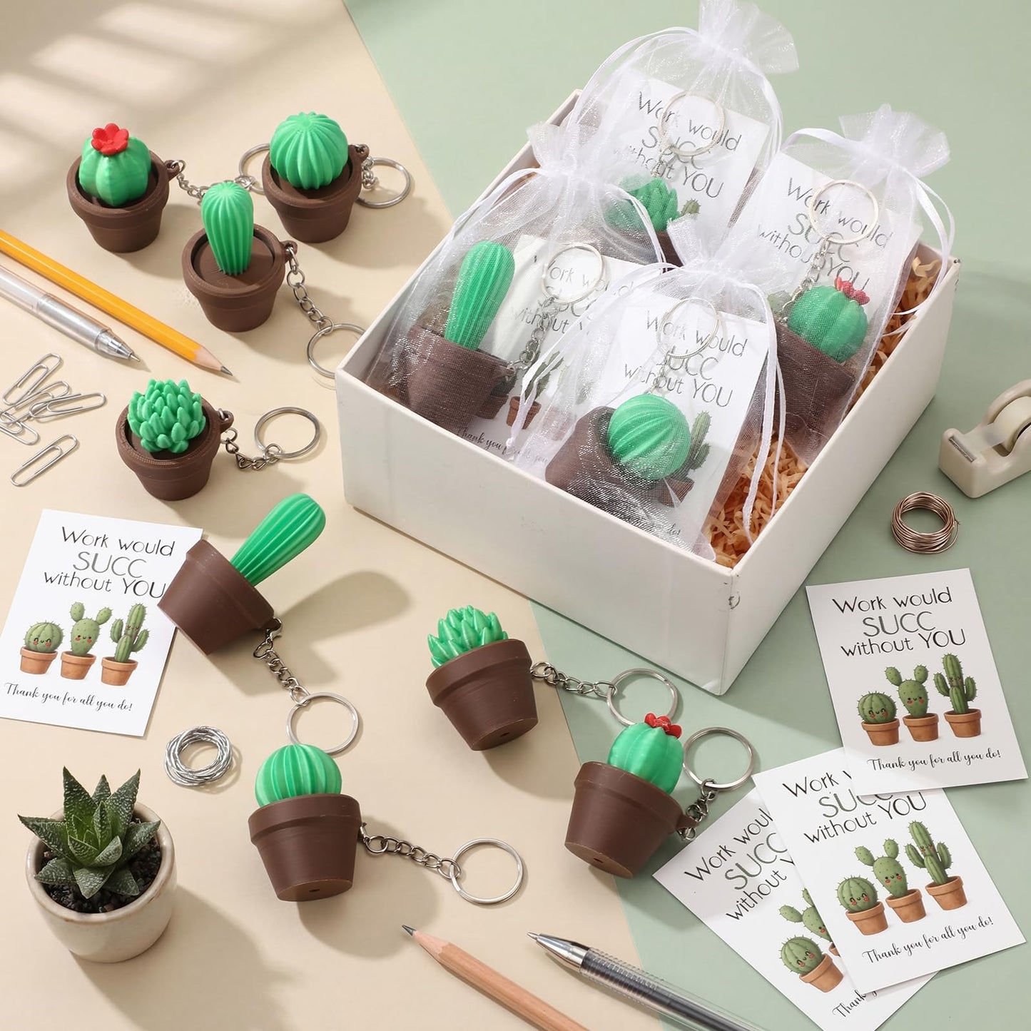 Gerrii 24 Sets Plant Lover Gifts Succulent Cactus 3D Clicker Fidget Keychains Inspirational Cards Bulk 3D Press Stress Relief Sensory Keychain Employee Appreciation Positive Gifts for Coworker Teacher