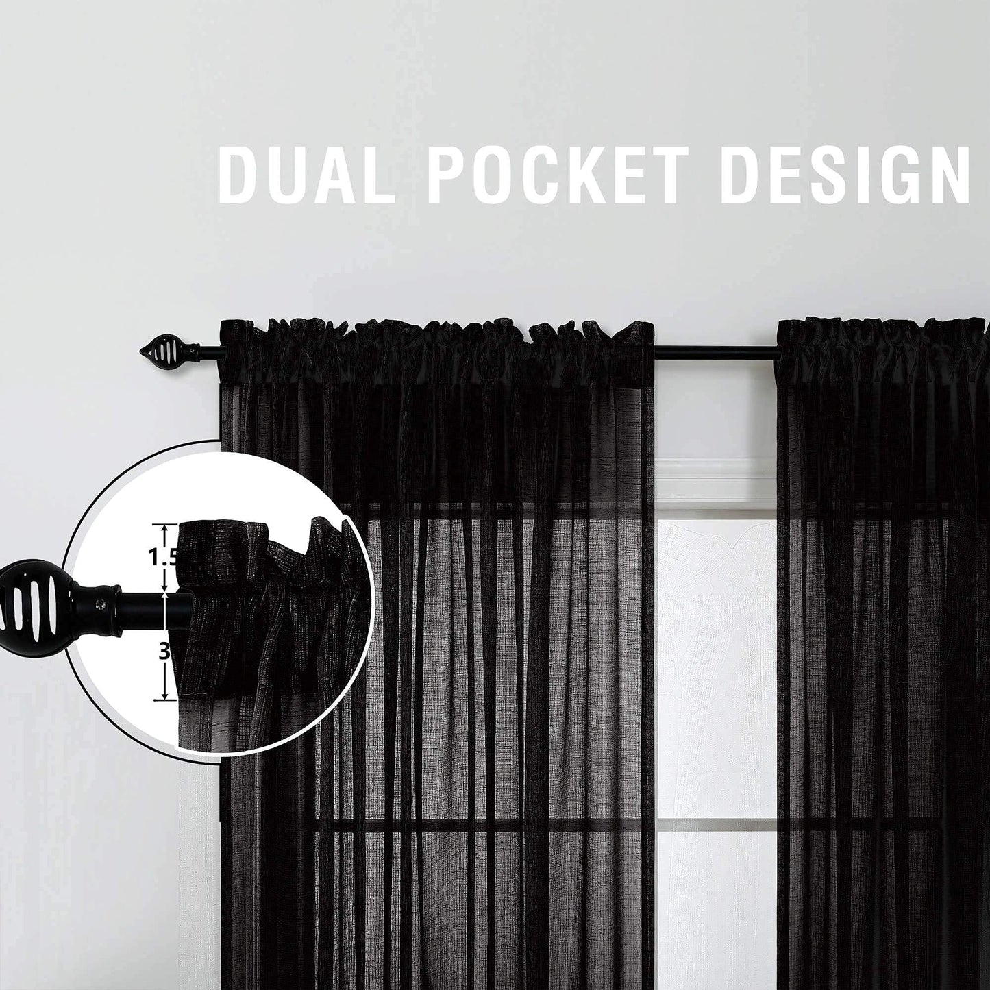 KOUFALL Short Halloween Curtains for Kitchen Bathroom Window,Short Black Sheer Gothic Curtains for Bedroom