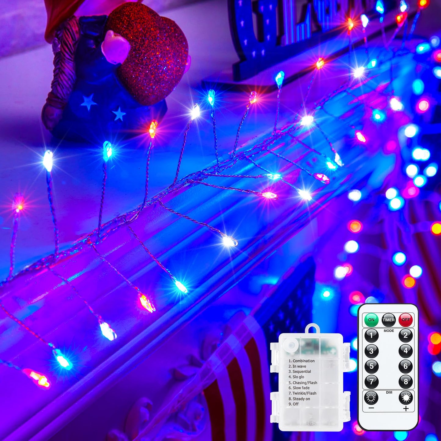 Minetom Fairy Lights, 120 LEDs Battery Operated, 10 Feet with Remote, Red White Blue, Twinkle Lights for Independence Day Decor