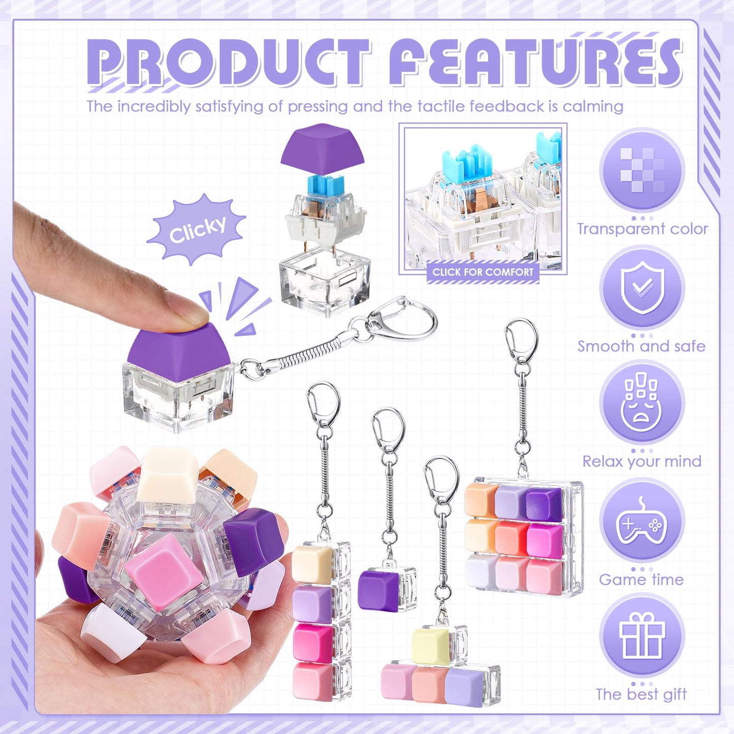 Halloscume 5 Pcs Keyboard Adult Fidget Clicker in 5 Styles Keyboard Fidget Keychain Cube Mechanical Key Button Clicker Stress Relief Gift for Office Home Pass Time(Purple Pink)