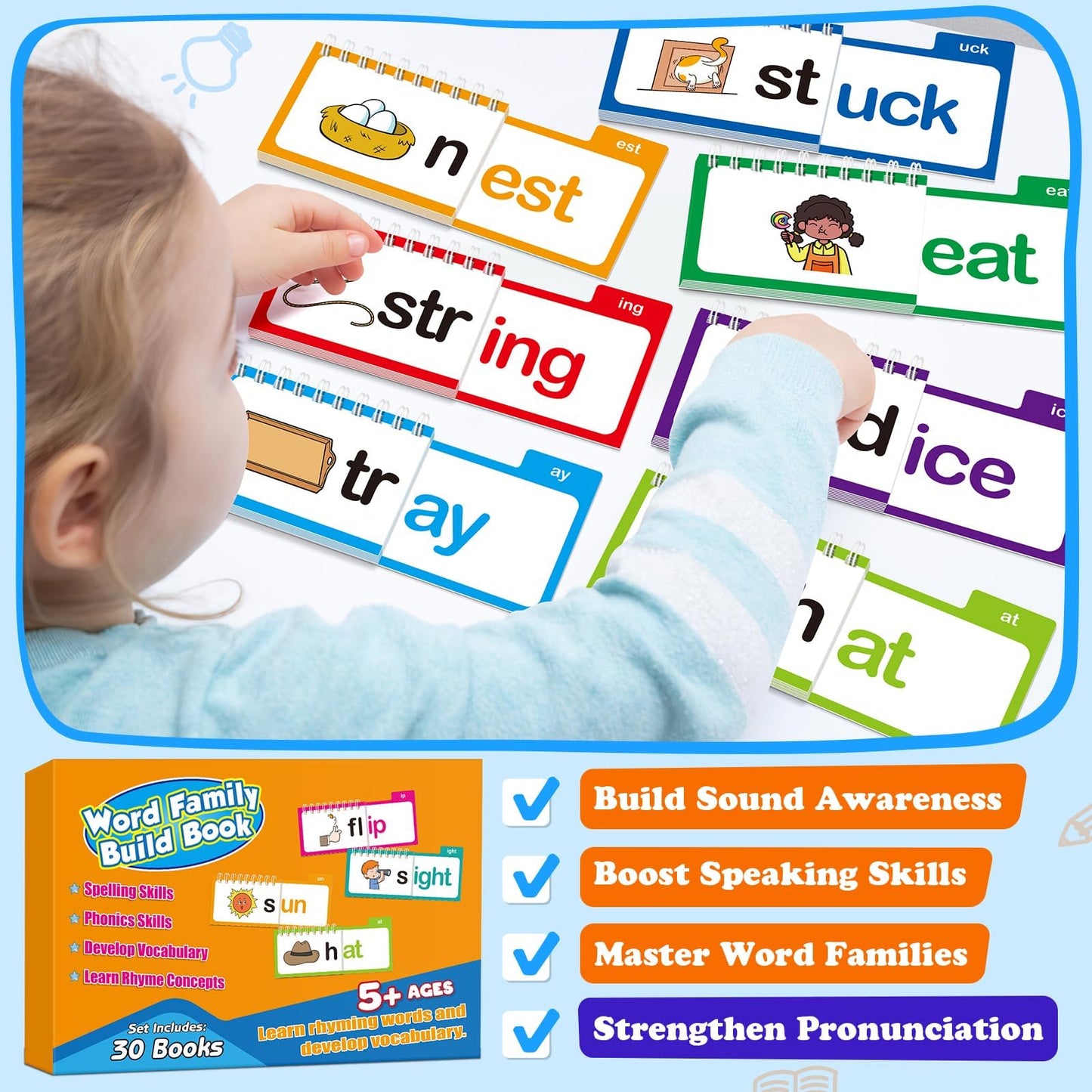 SkilLify Word Family Build Book Phonics Flash Cards, 30 Read and Rhyme Flip Books, Sight Words Flash Cards Kindergarten, Learn to Read Flip Books for Kids Homeschool Preschool Classroom Must Haves