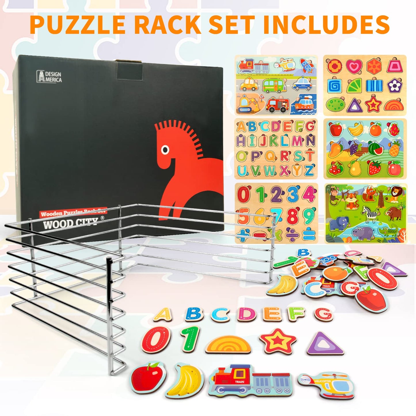 Wooden Puzzles for Toddlers with Storage Rack, WOOD CITY Toddler Puzzles Ages 3-6 for Kids, Learning Preschool Wood Puzzle for Boys and Girls-6 Pack Alphabet Number Shape Fruit Animal Vehicle