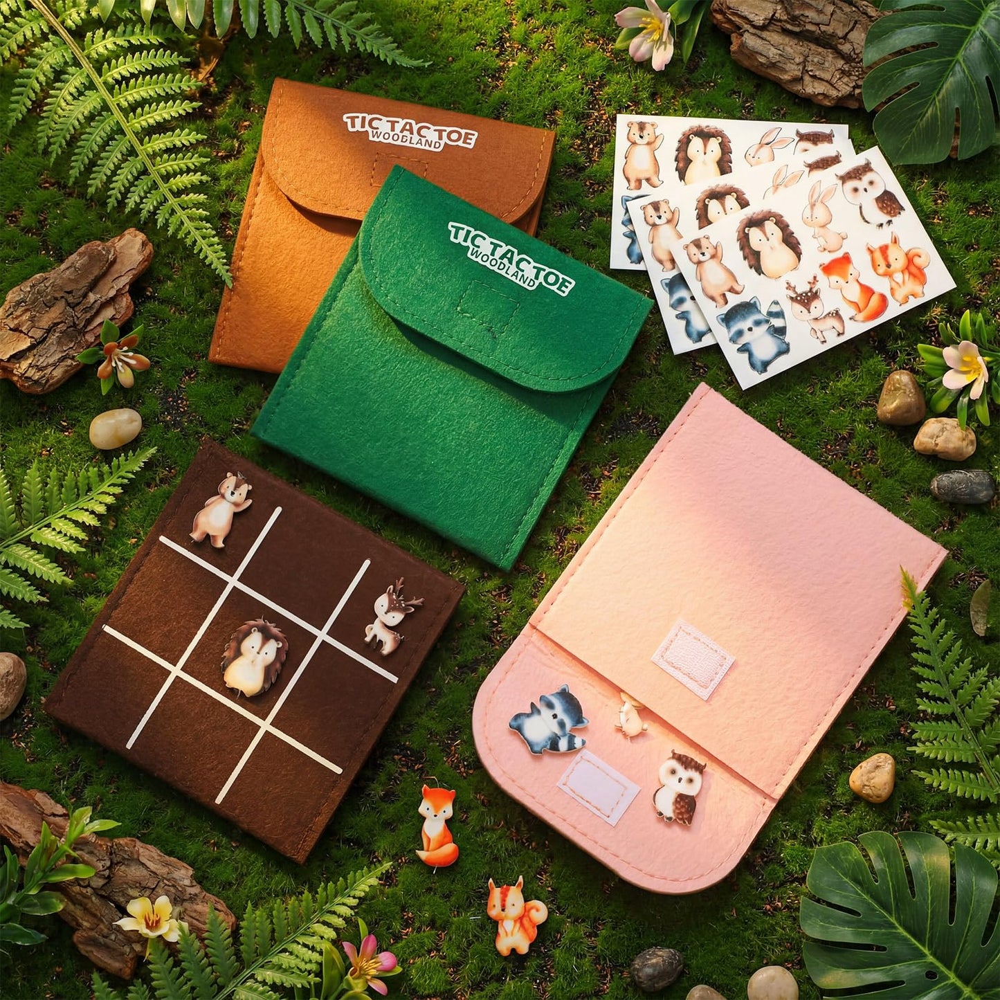 JolliLudo 24 Set Tic Tac Toe Game Pack Woodland Animals Jungle Party Favors Felt Safari Goodie Bags Stuffers Baby Educational Toys Board Game with Envelopes for End of Year Students Classroom Prizes