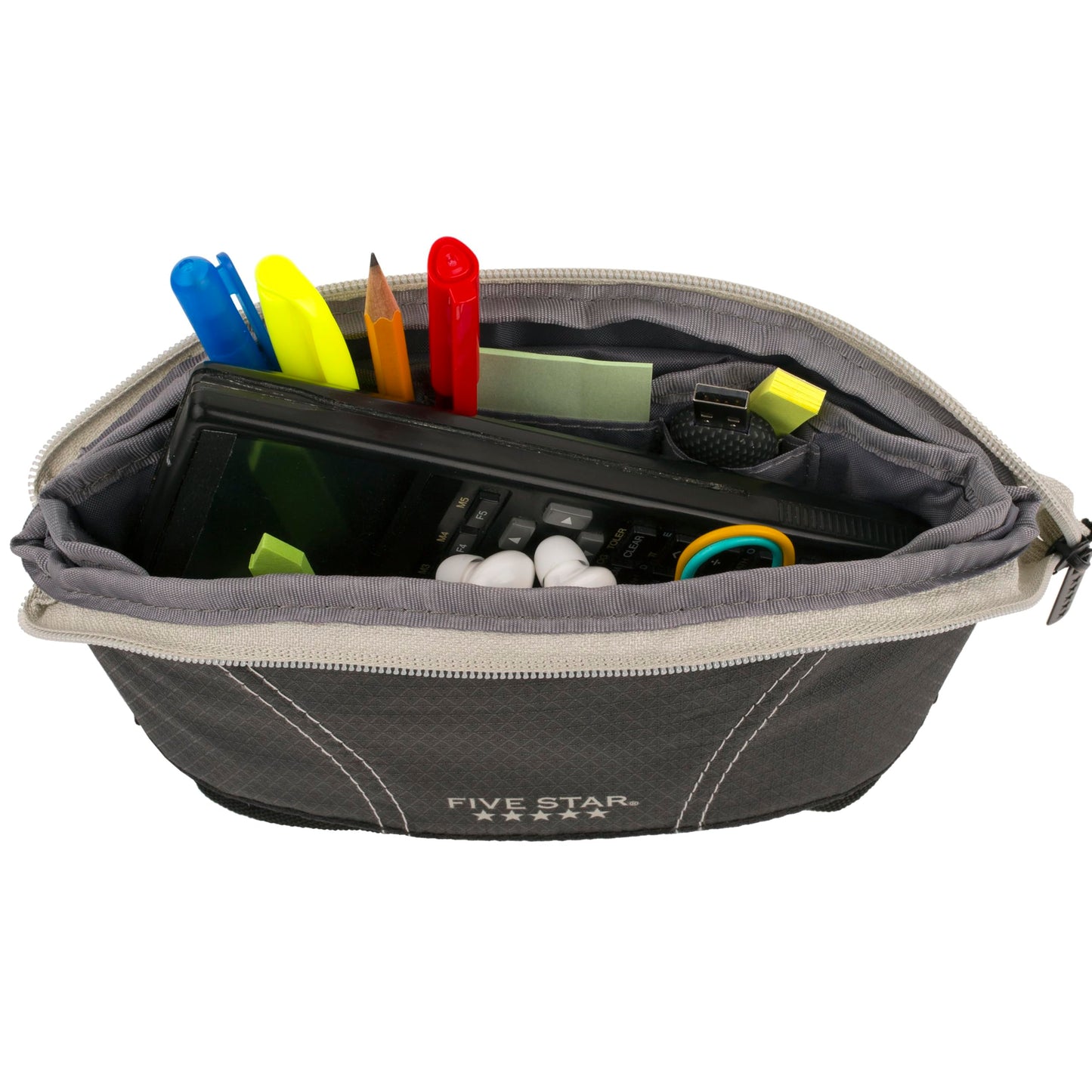 Five Star Pencil Pouch, Pen Case, Quick View Expandable Zipper Pouch, Storage Organizer for School Supplies Earbuds Chargers Cables Makeup, Black/Grey (507610A-ECM)