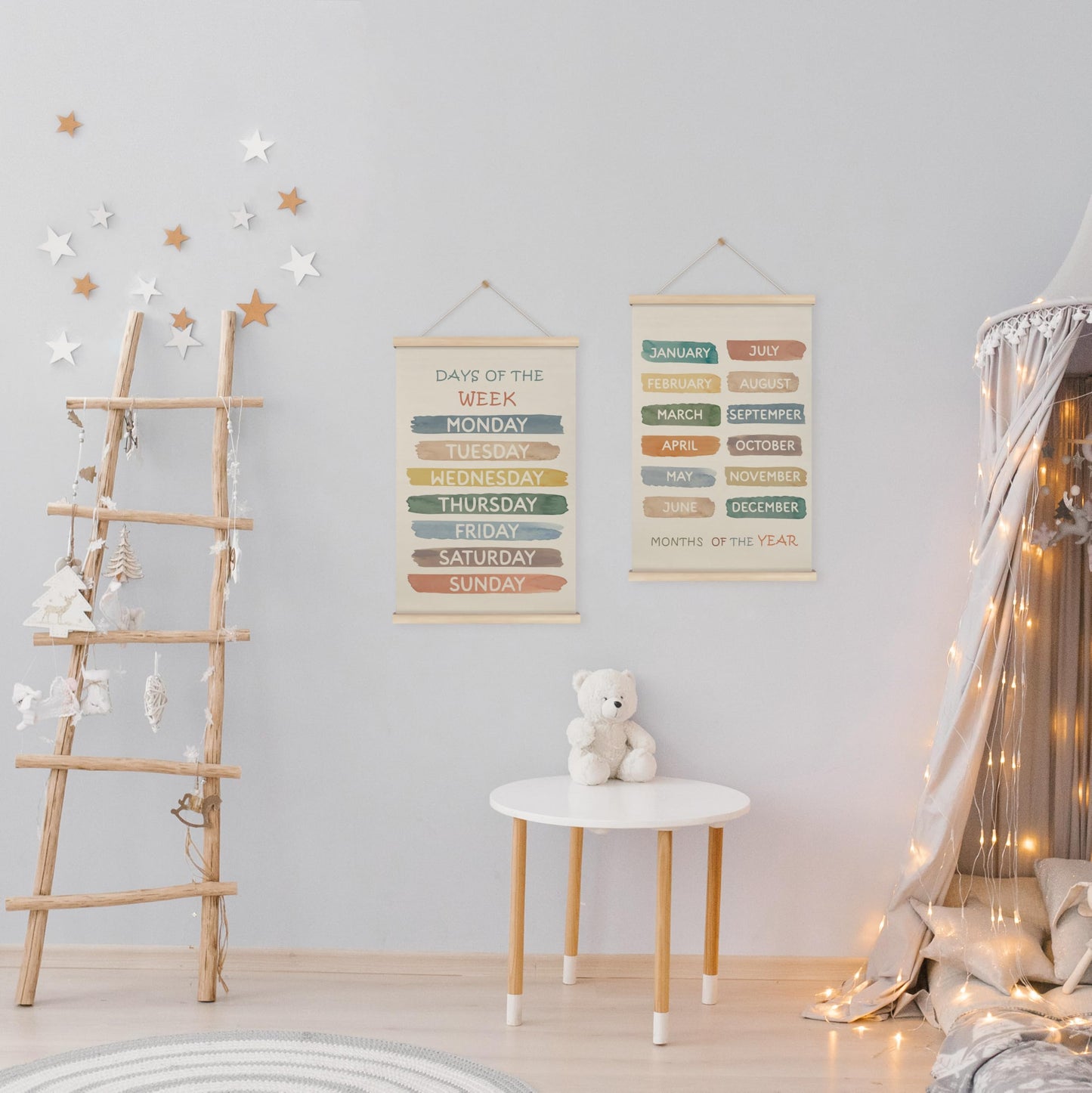 HRQKO Boho Week Month Decor Poster Hanger Frame Set of 2, Educational Posters, Preschool Wall Art with Wooden Frames, Boho Classroom Wall Hanging Banner Decor for Toddlers Room Playroom, 16x24 inch