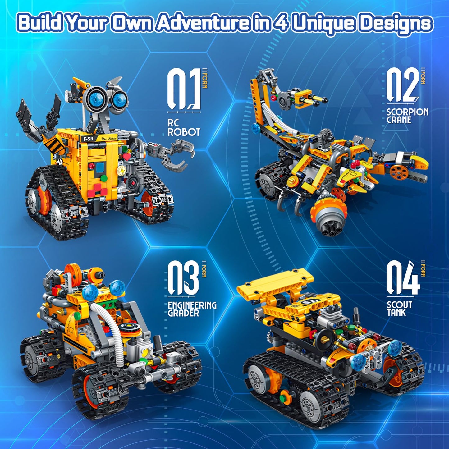 Demkia Robot Building Kit for Kids and Adults, 4-in-1 Rechargeable RC Robotics Kit with Remote & App Control, STEM Coding Toys & Science Projects, Birthday Gifts for Boys Ages 8-12+ (588 Pcs)