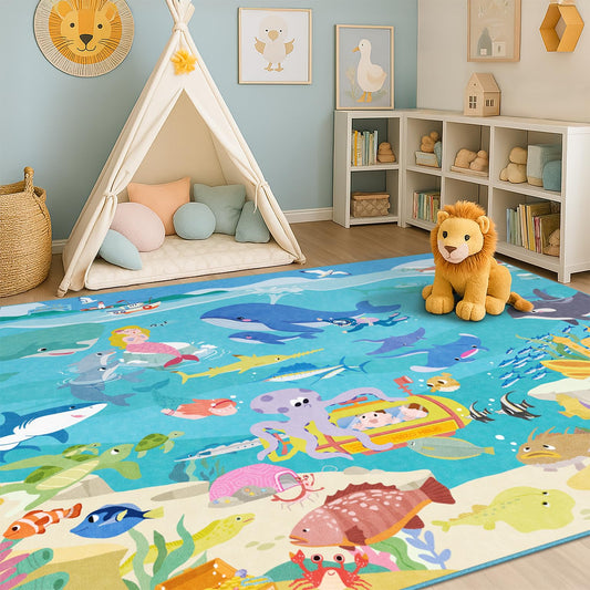 Ocean Themed Rug for Kids Room – 6x9 Blue Rug for Kids Room, Sea Creatures & Mermaid, Fish, Washable Non Slip Soft Carpet for Classroom, Bedroom or Playroom